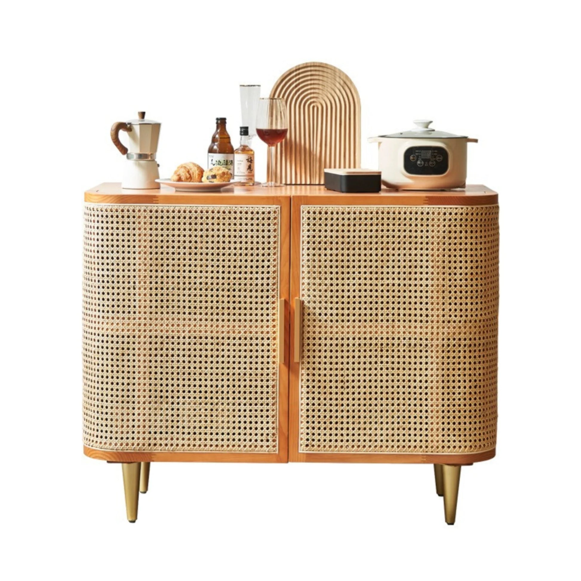 BohoBoho Luna Solid Wood & Rattan Curved Sideboard, Dark Wood, 100x42.5x85cm