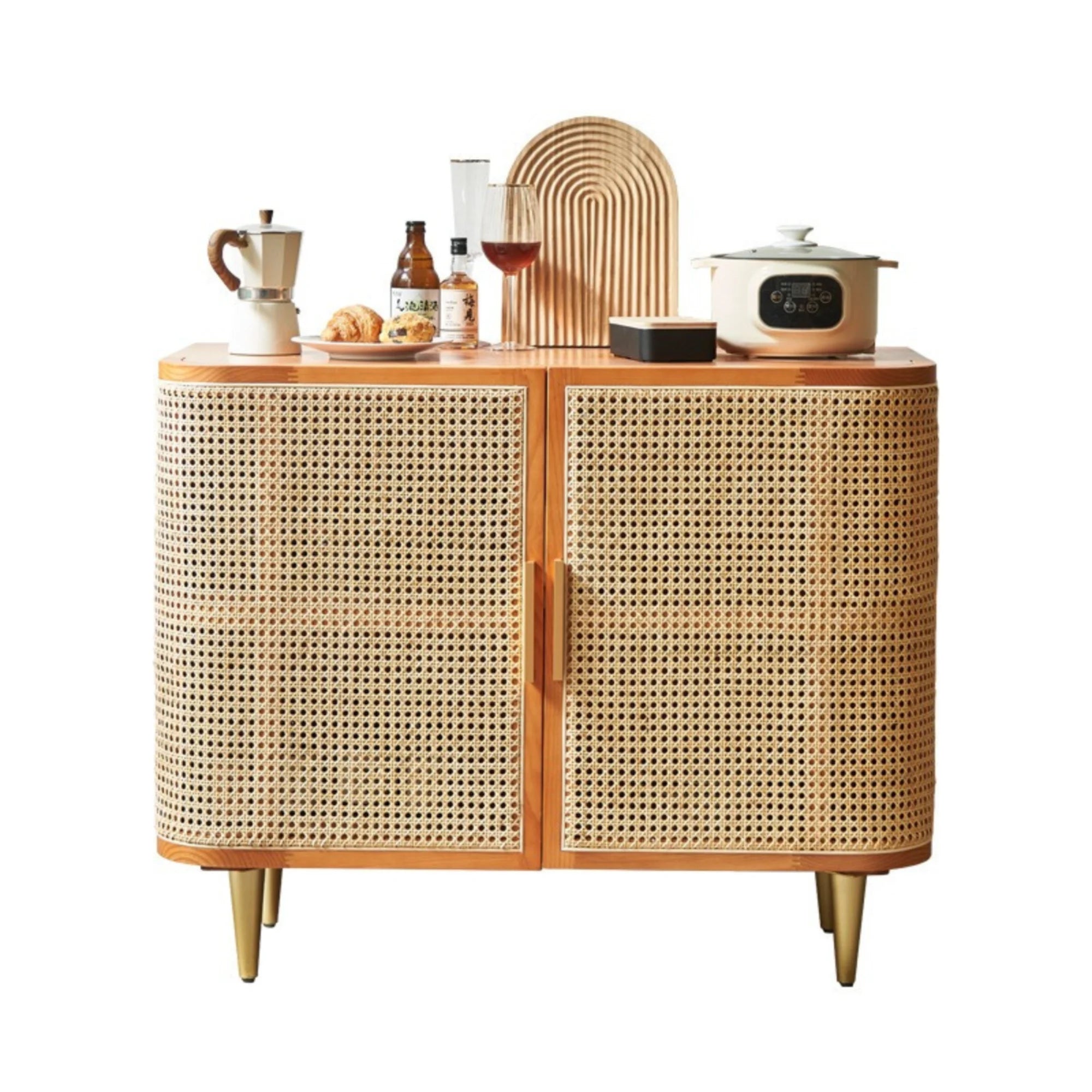 BohoBoho Luna Solid Wood & Rattan Curved Sideboard, Dark Wood, 100x42.5x85cm