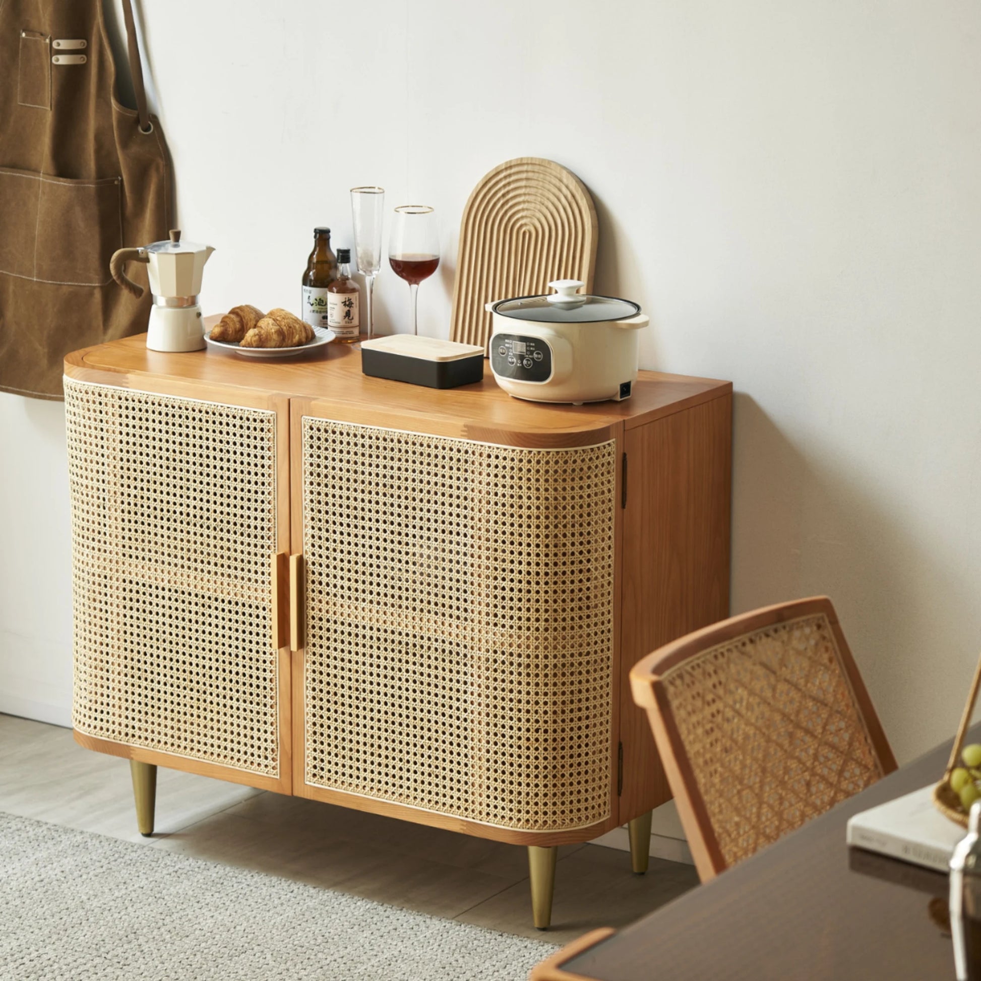 BohoBoho Luna Solid Wood & Rattan Curved Sideboard, Dark Wood, 100x42.5x85cm