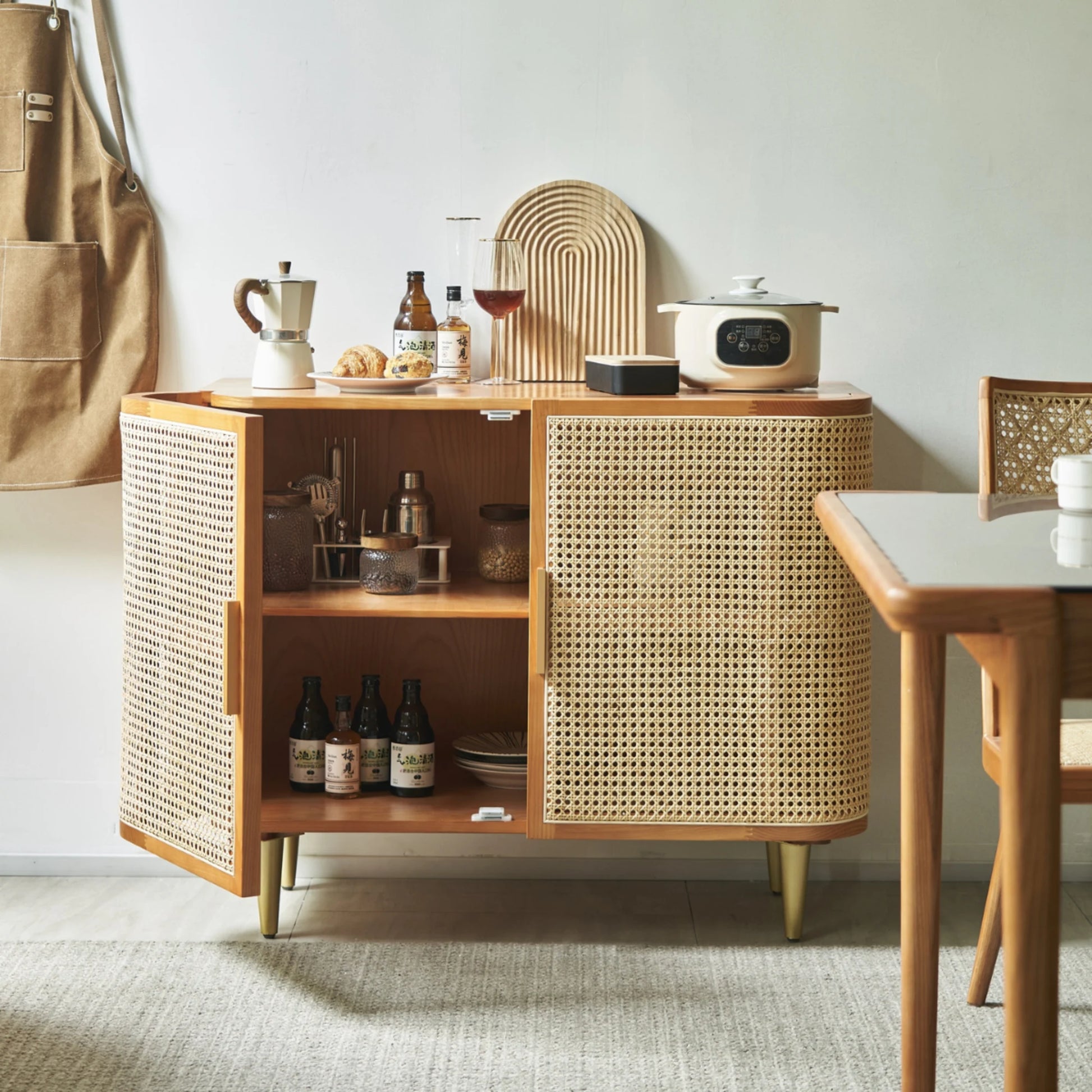 BohoBoho Luna Solid Wood & Rattan Curved Sideboard, Dark Wood, 100x42.5x85cm