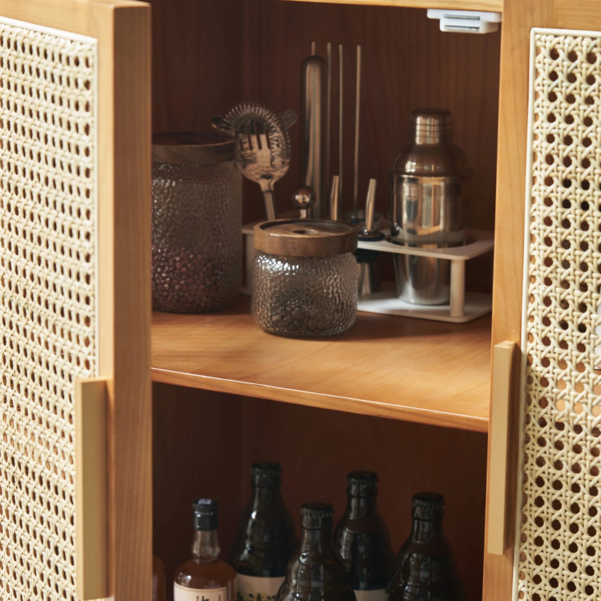 BohoBoho Luna Solid Wood & Rattan Curved Sideboard, Dark Wood, 100x42.5x85cm