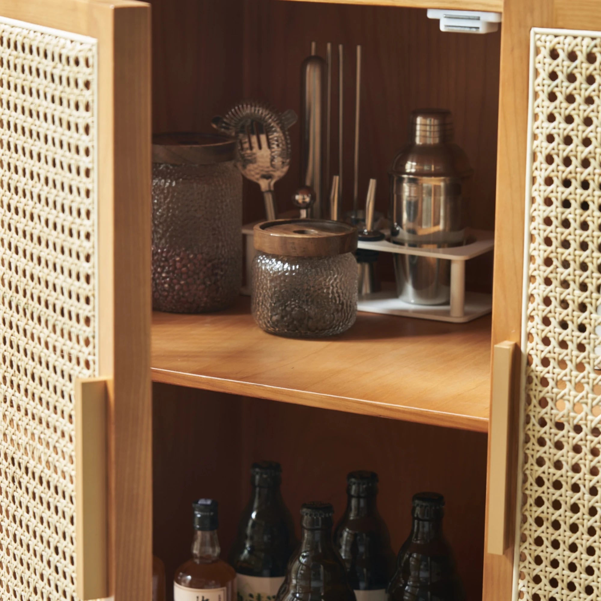 BohoBoho Luna Solid Wood & Rattan Curved Sideboard, Dark Wood, 100x42.5x85cm