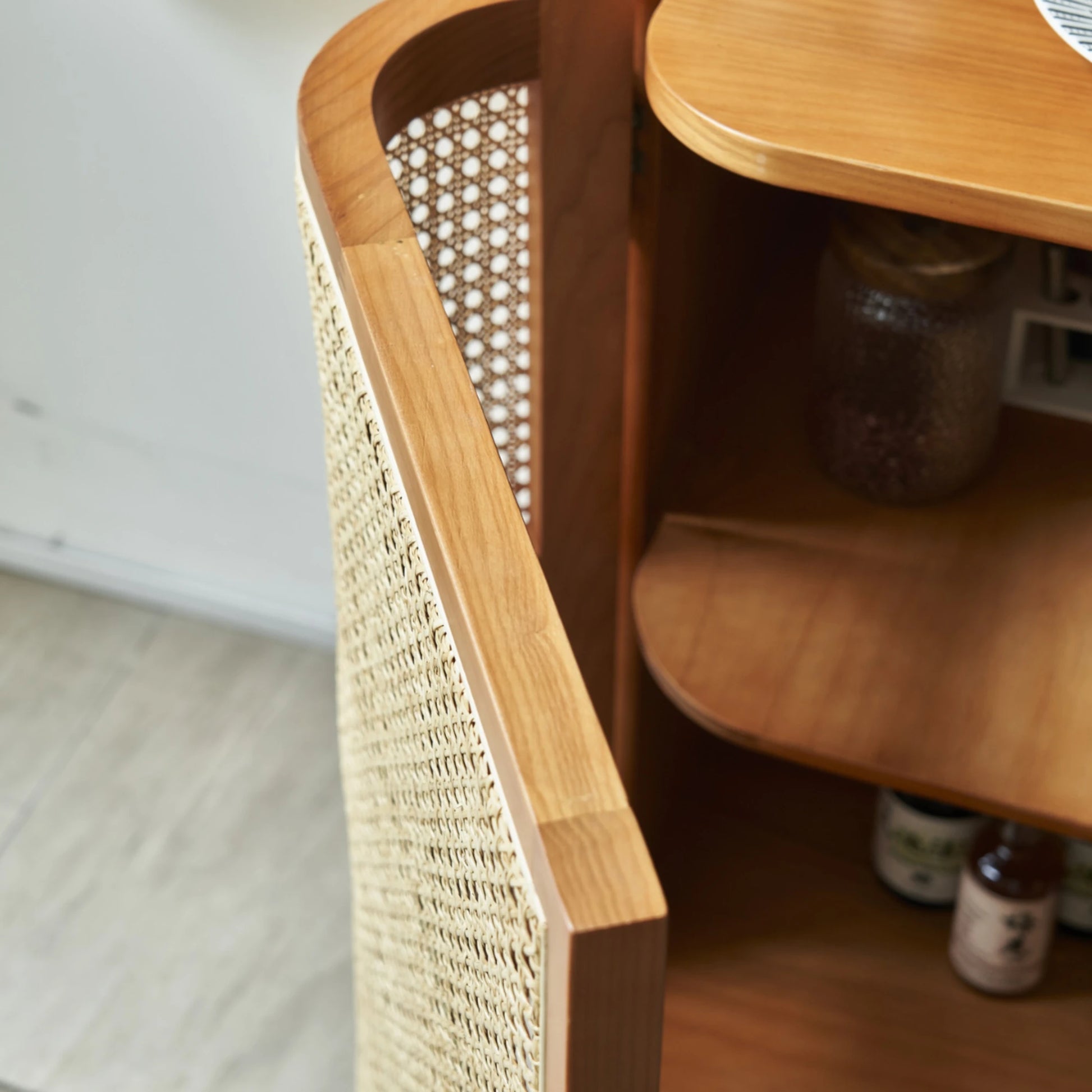 BohoBoho Luna Solid Wood & Rattan Curved Sideboard, Dark Wood, 100x42.5x85cm