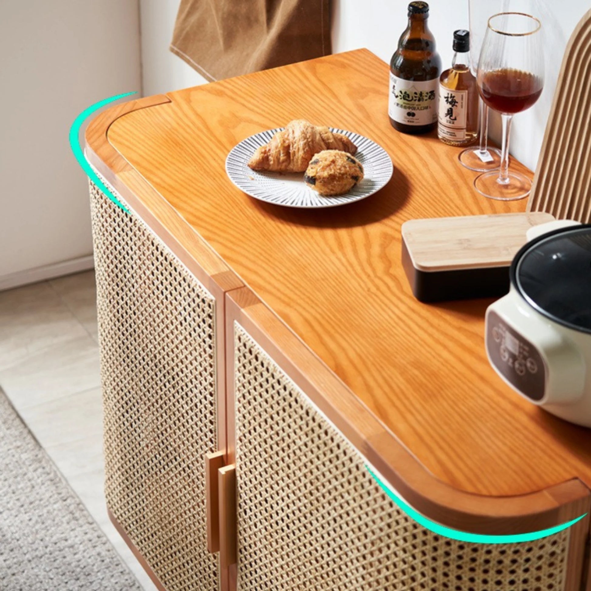 BohoBoho Luna Solid Wood & Rattan Curved Sideboard, Dark Wood, 100x42.5x85cm