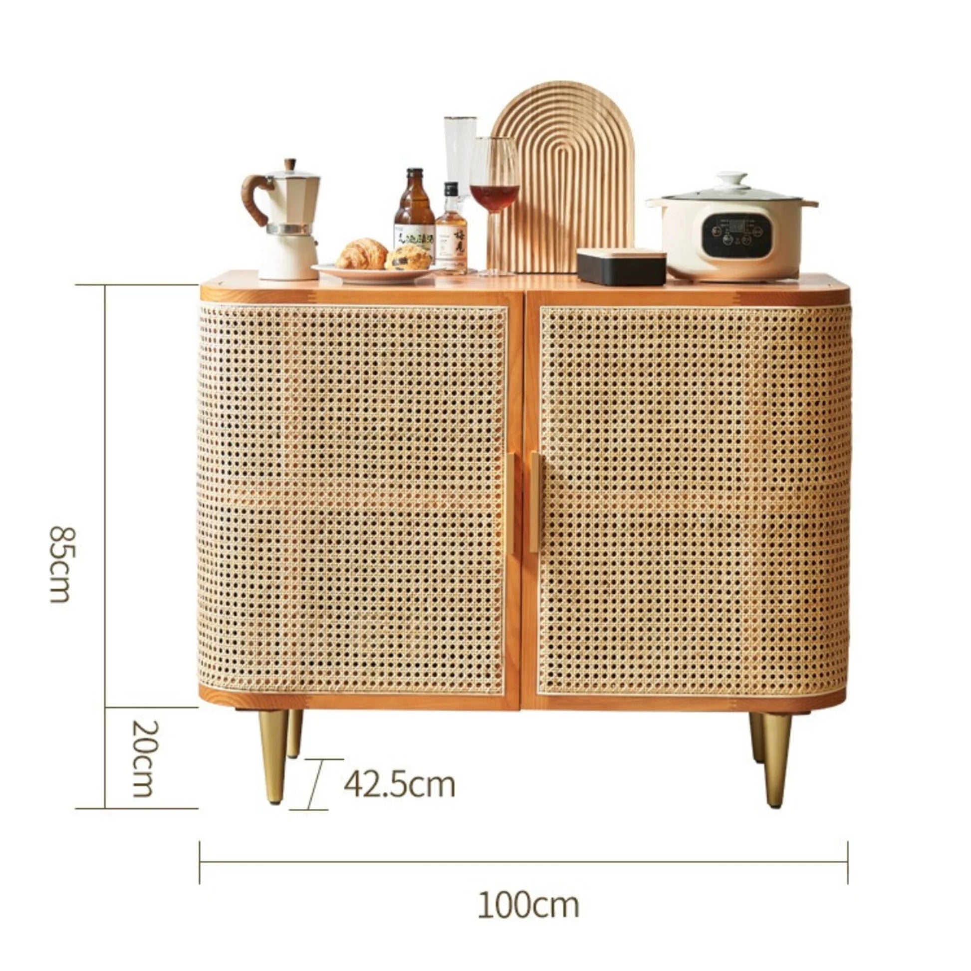 BohoBoho Luna Solid Wood & Rattan Curved Sideboard, Dark Wood, 100x42.5x85cm