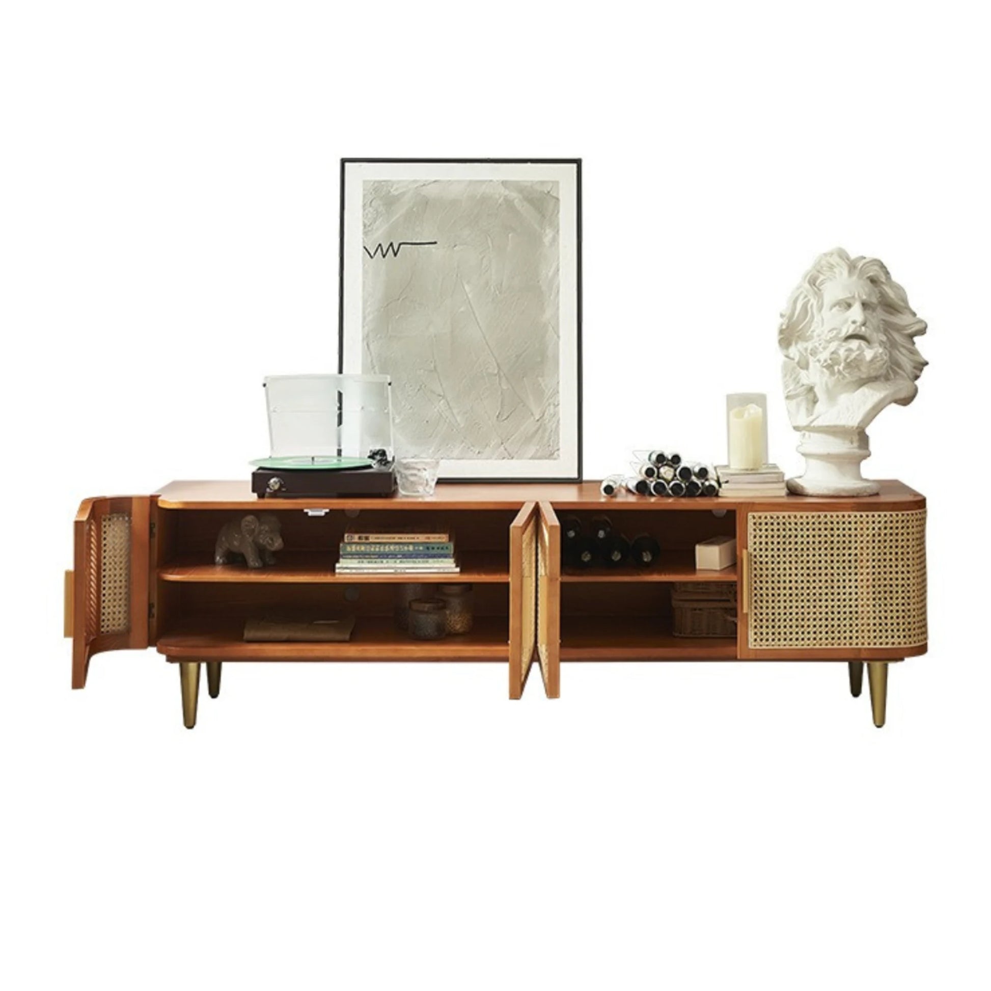 BohoBoho Luna Solid Wood & Rattan Curved TV Cabinet, Dark Wood, 180x42.5x50cm