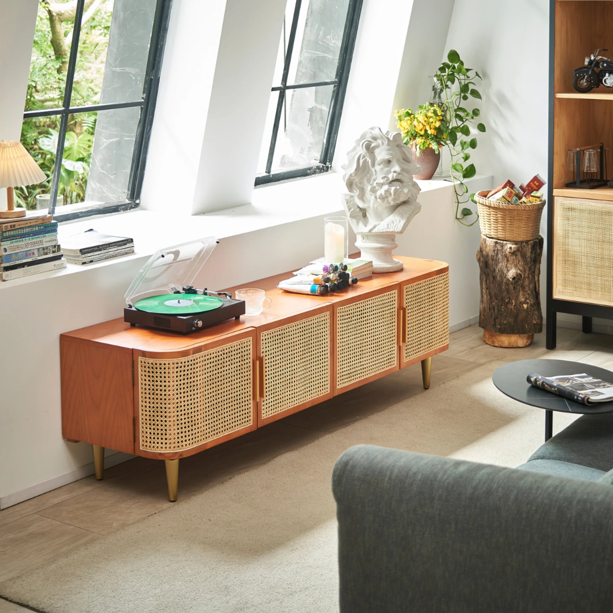 BohoBoho Luna Solid Wood & Rattan Curved TV Cabinet, Dark Wood, 180x42.5x50cm