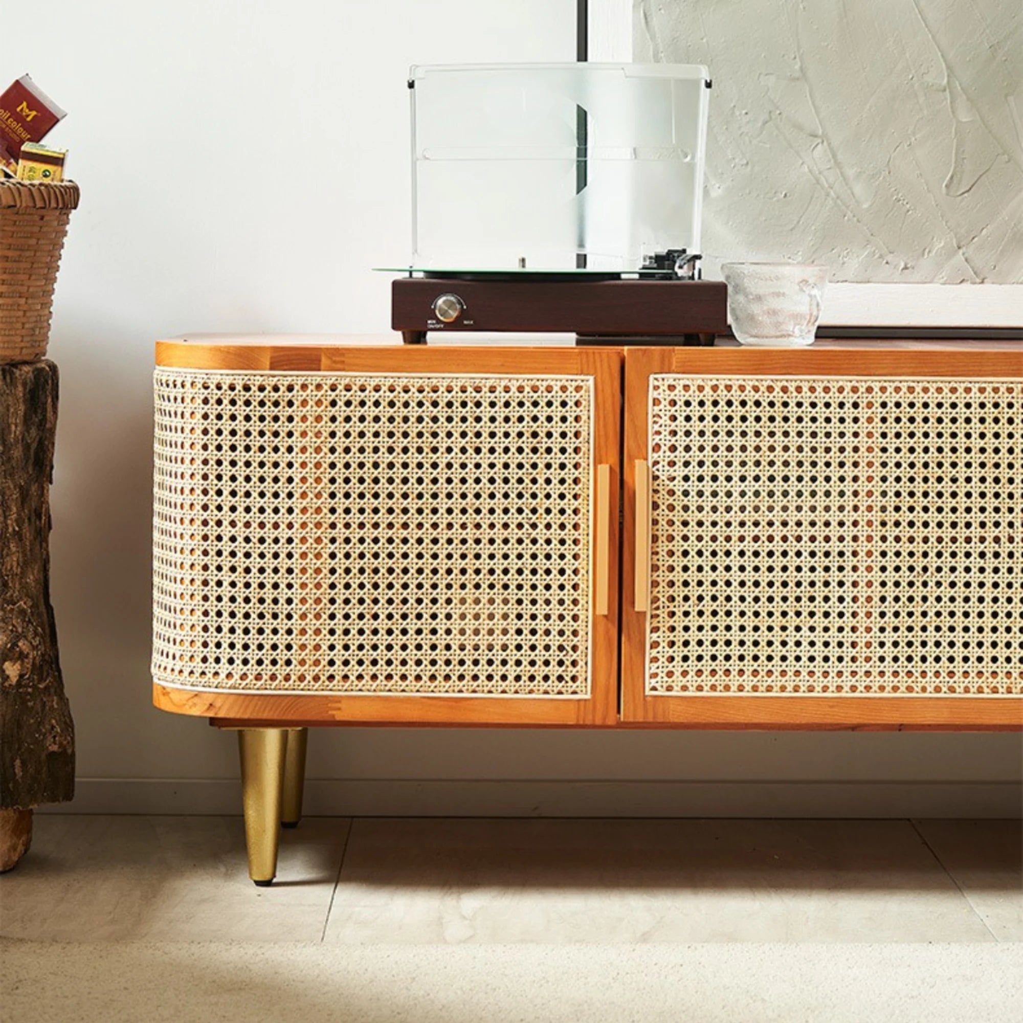 BohoBoho Luna Solid Wood & Rattan Curved TV Cabinet, Dark Wood, 180x42.5x50cm