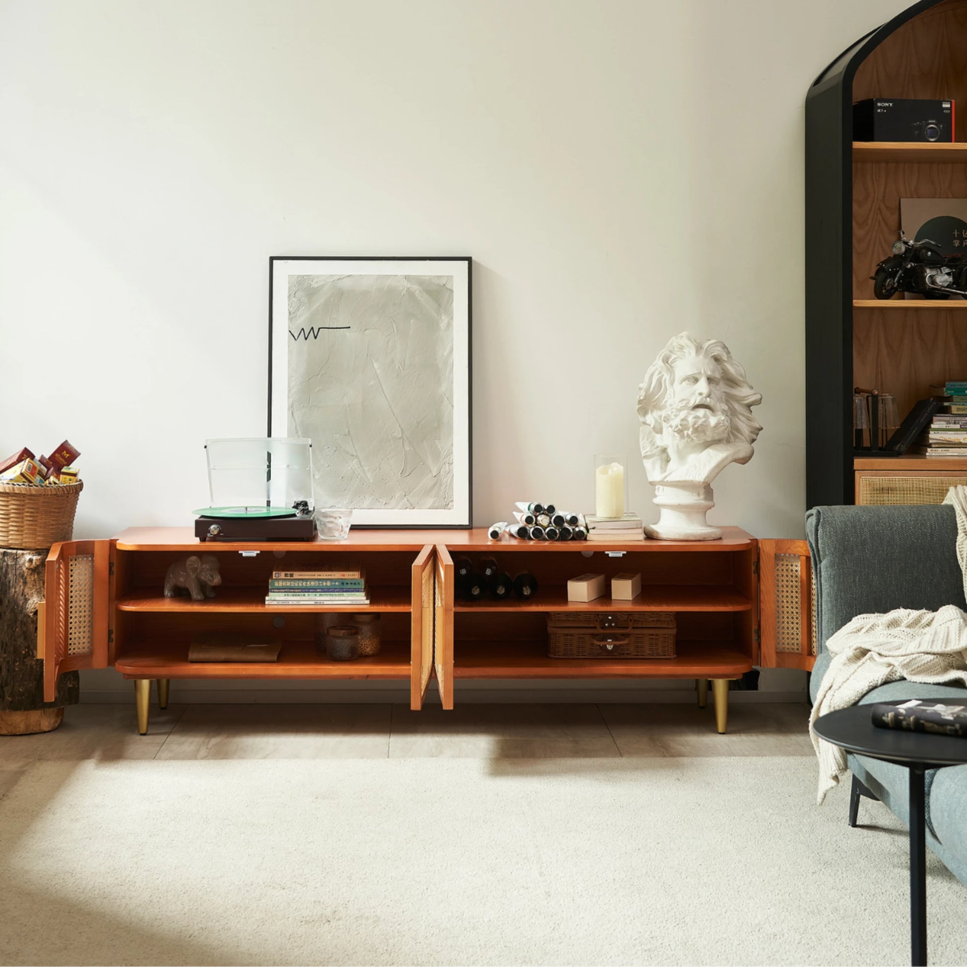 BohoBoho Luna Solid Wood & Rattan Curved TV Cabinet, Dark Wood, 180x42.5x50cm