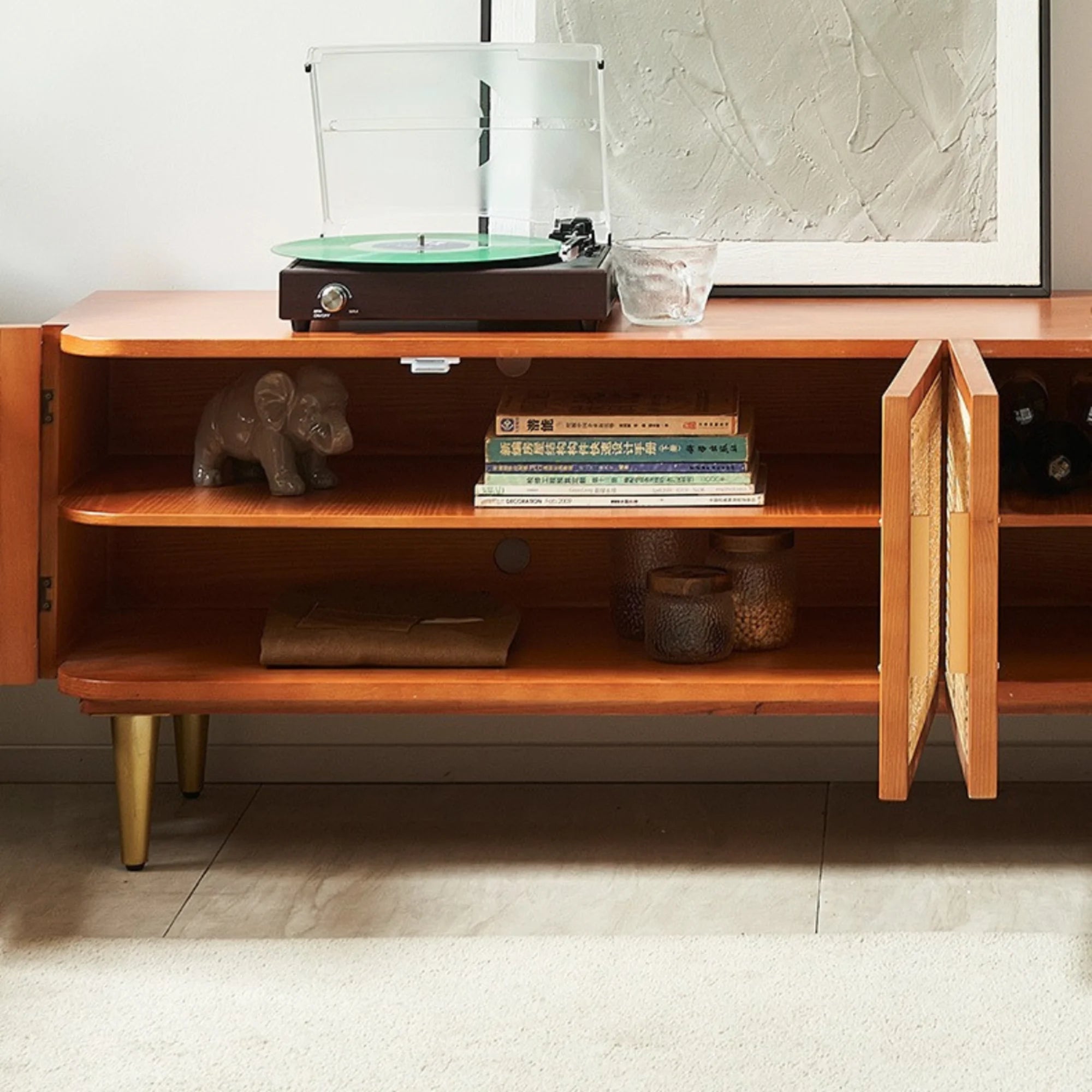 BohoBoho Luna Solid Wood & Rattan Curved TV Cabinet, Dark Wood, 180x42.5x50cm