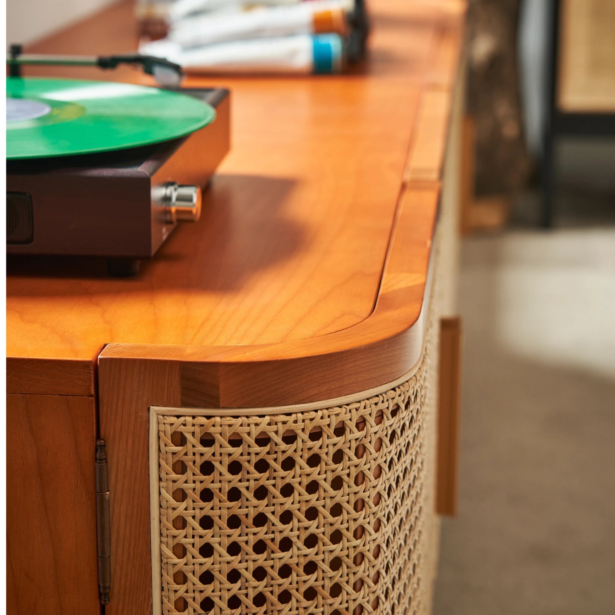 BohoBoho Luna Solid Wood & Rattan Curved TV Cabinet, Dark Wood, 180x42.5x50cm