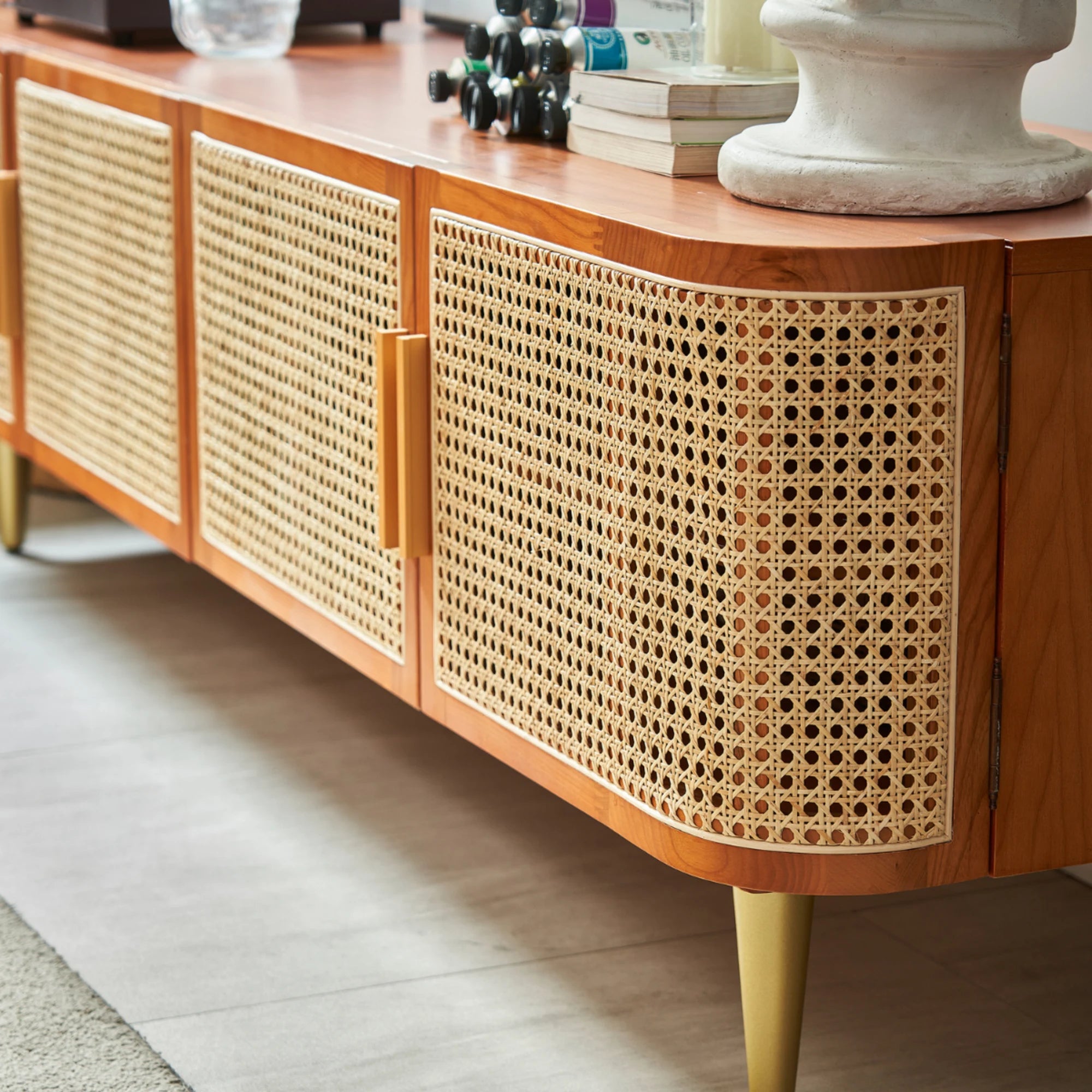 BohoBoho Luna Solid Wood & Rattan Curved TV Cabinet, Dark Wood, 180x42.5x50cm