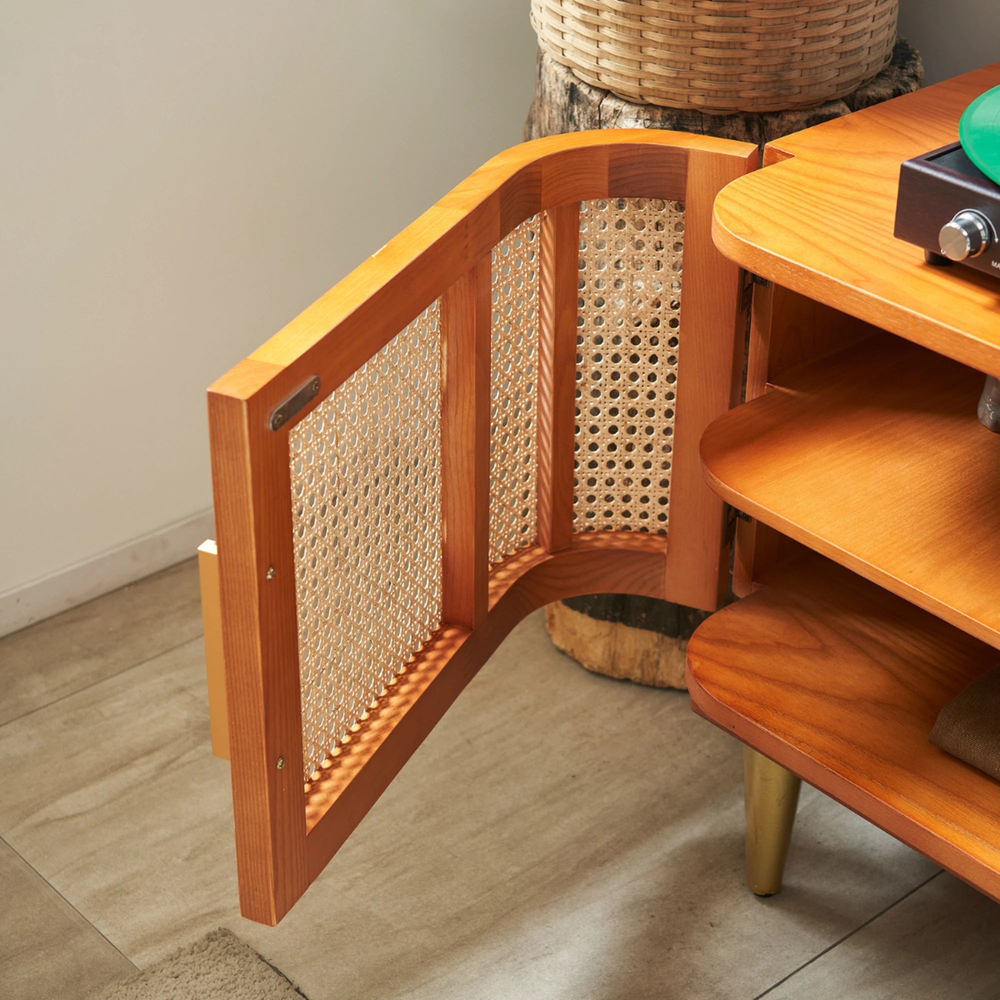 BohoBoho Luna Solid Wood & Rattan Curved TV Cabinet, Dark Wood, 180x42.5x50cm