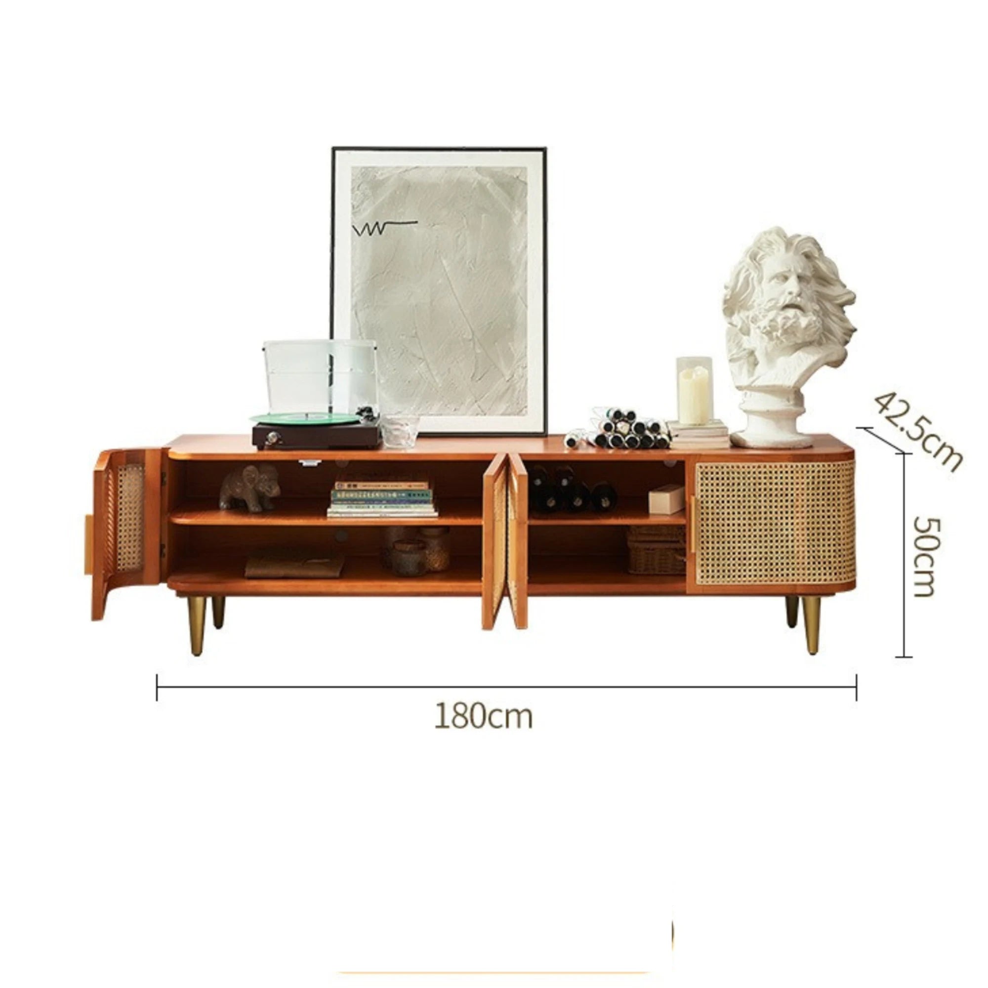 BohoBoho Luna Solid Wood & Rattan Curved TV Cabinet, Dark Wood, 180x42.5x50cm