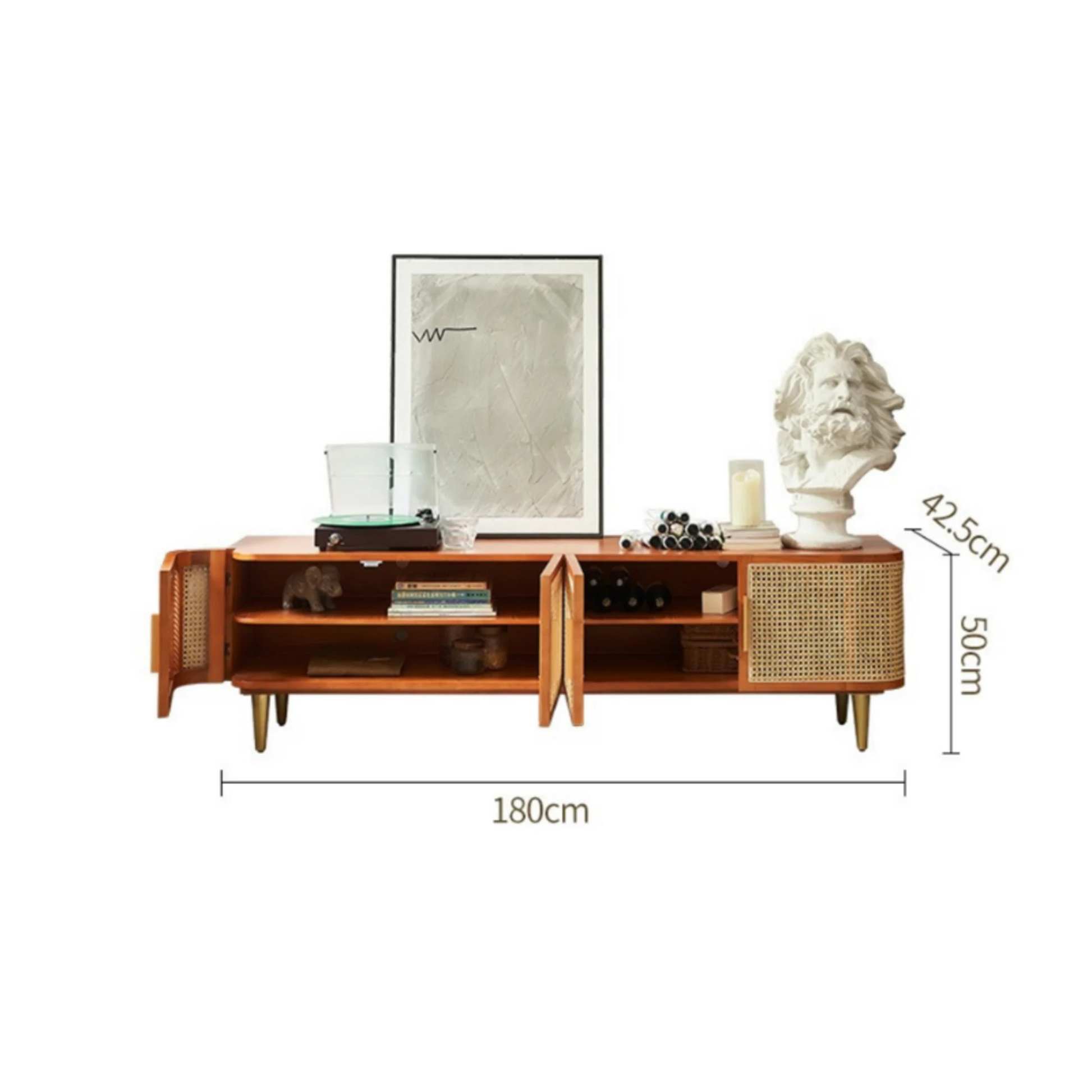 BohoBoho Luna Solid Wood & Rattan Curved TV Cabinet, Dark Wood, 180x42.5x50cm