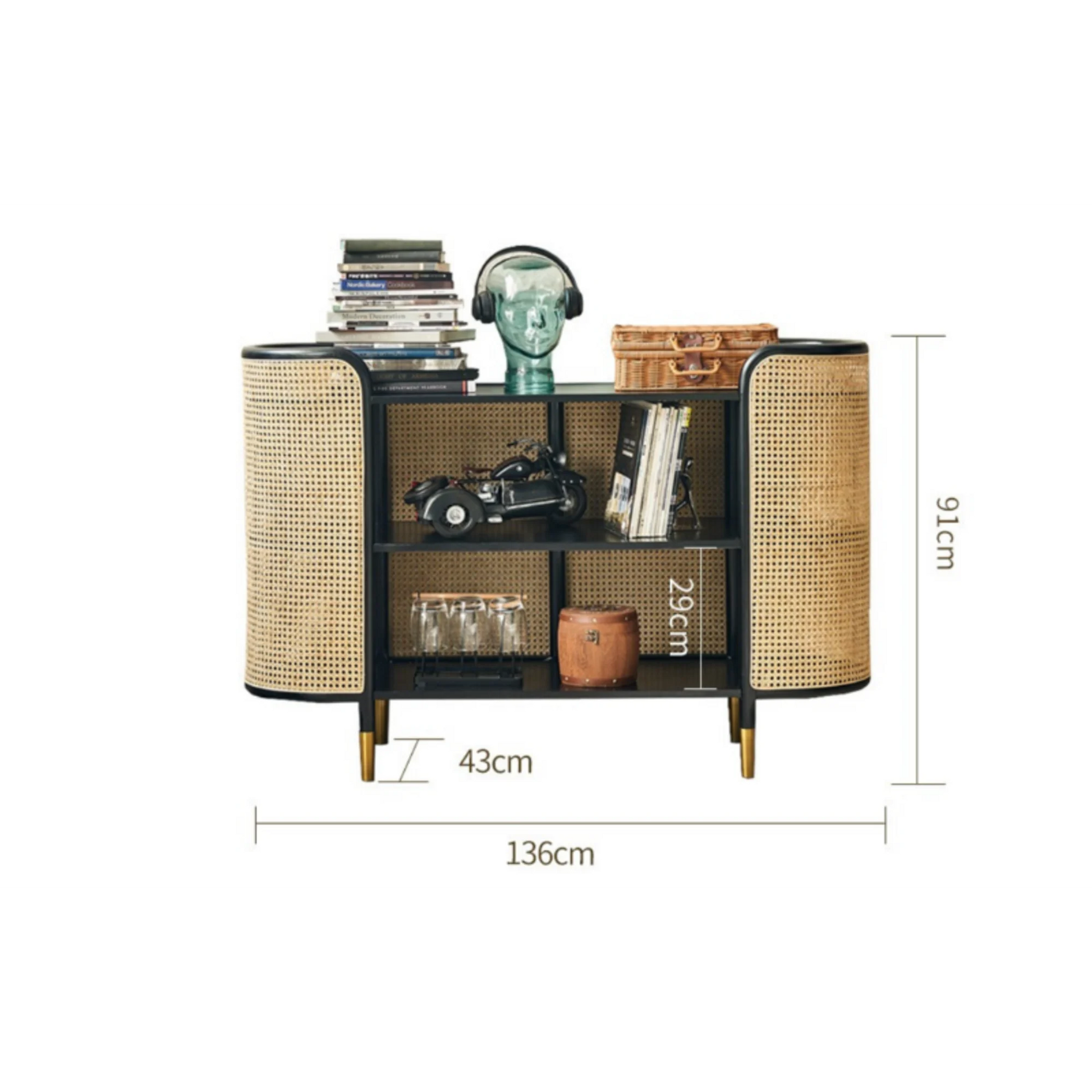 BohoBoho Luna Solid Wood & Rattan Sideboard, Black, 136x43x91cm