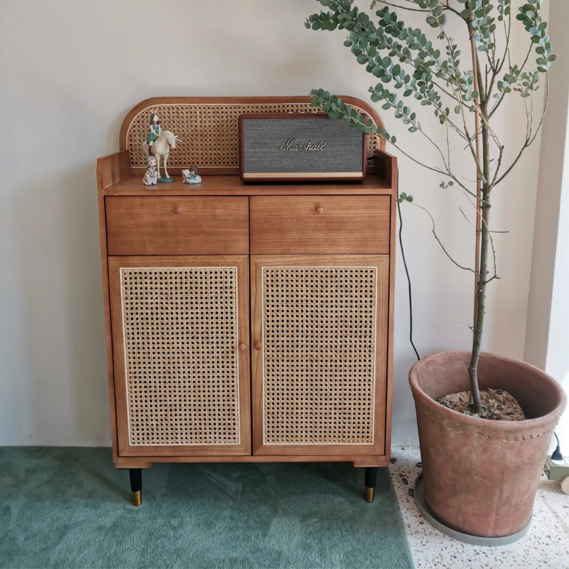 BohoBoho Luna Solid Wood & Rattan Shoe Cabinet, Dark Wood, 82x32x120cm