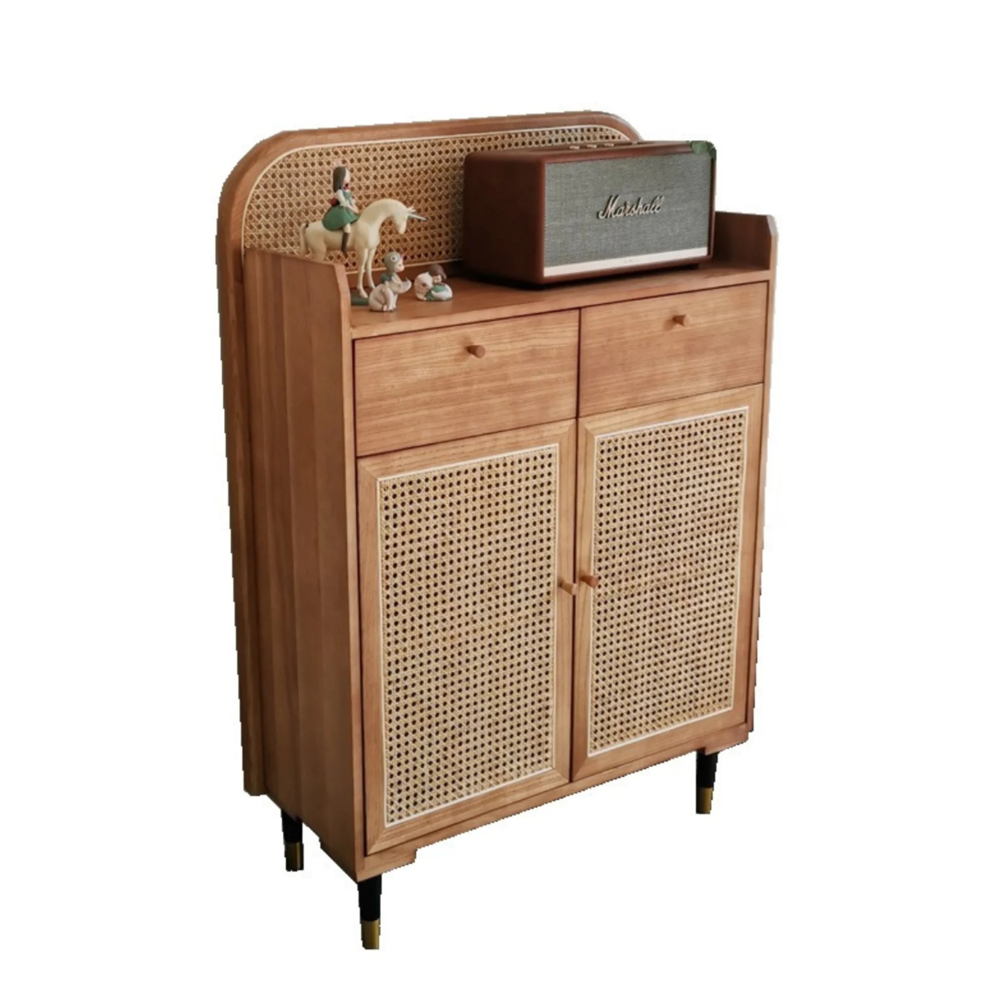 BohoBoho Luna Solid Wood & Rattan Shoe Cabinet, Dark Wood, 82x32x120cm