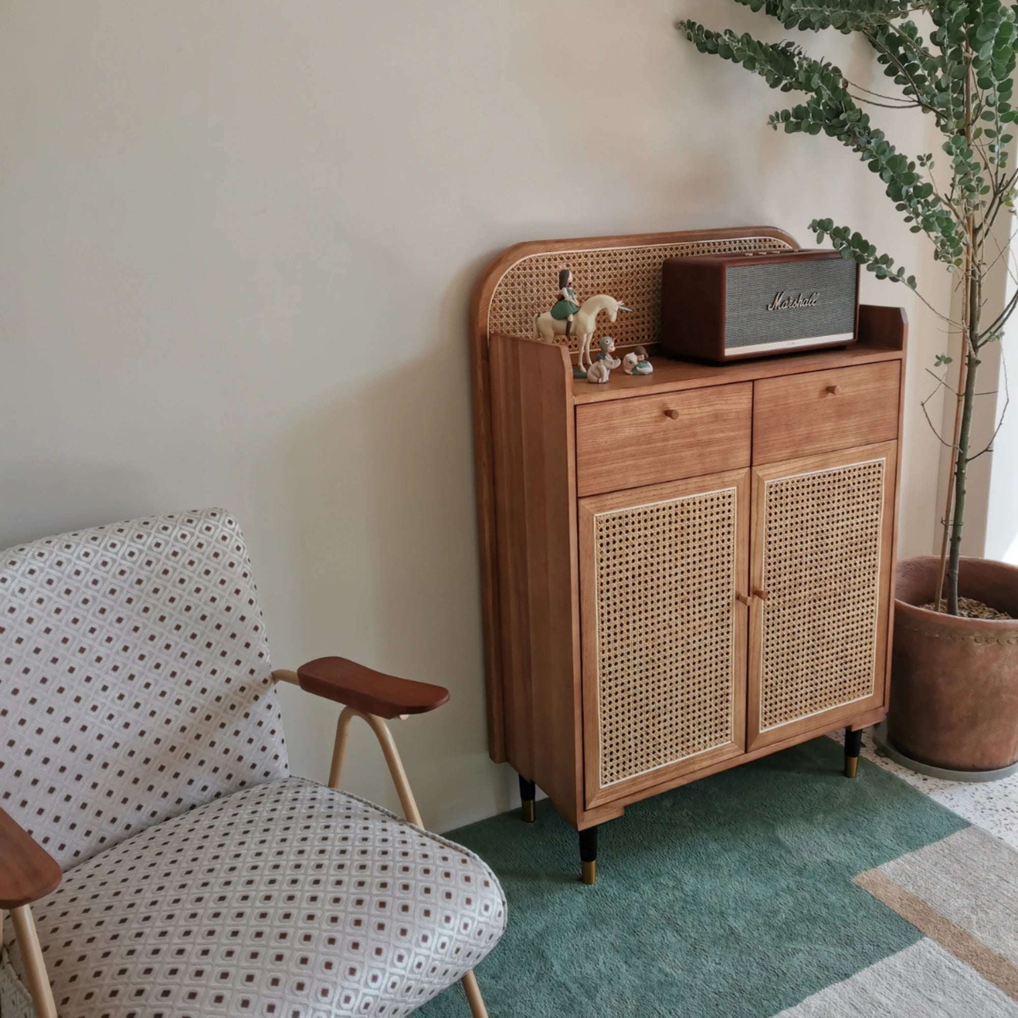 BohoBoho Luna Solid Wood & Rattan Shoe Cabinet, Dark Wood, 82x32x120cm