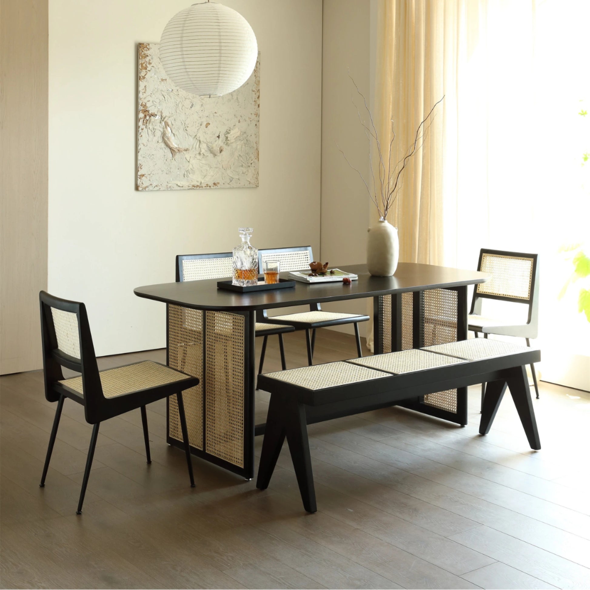 BohoBoho Monte Solid Wood & Rattan Bench, Black
