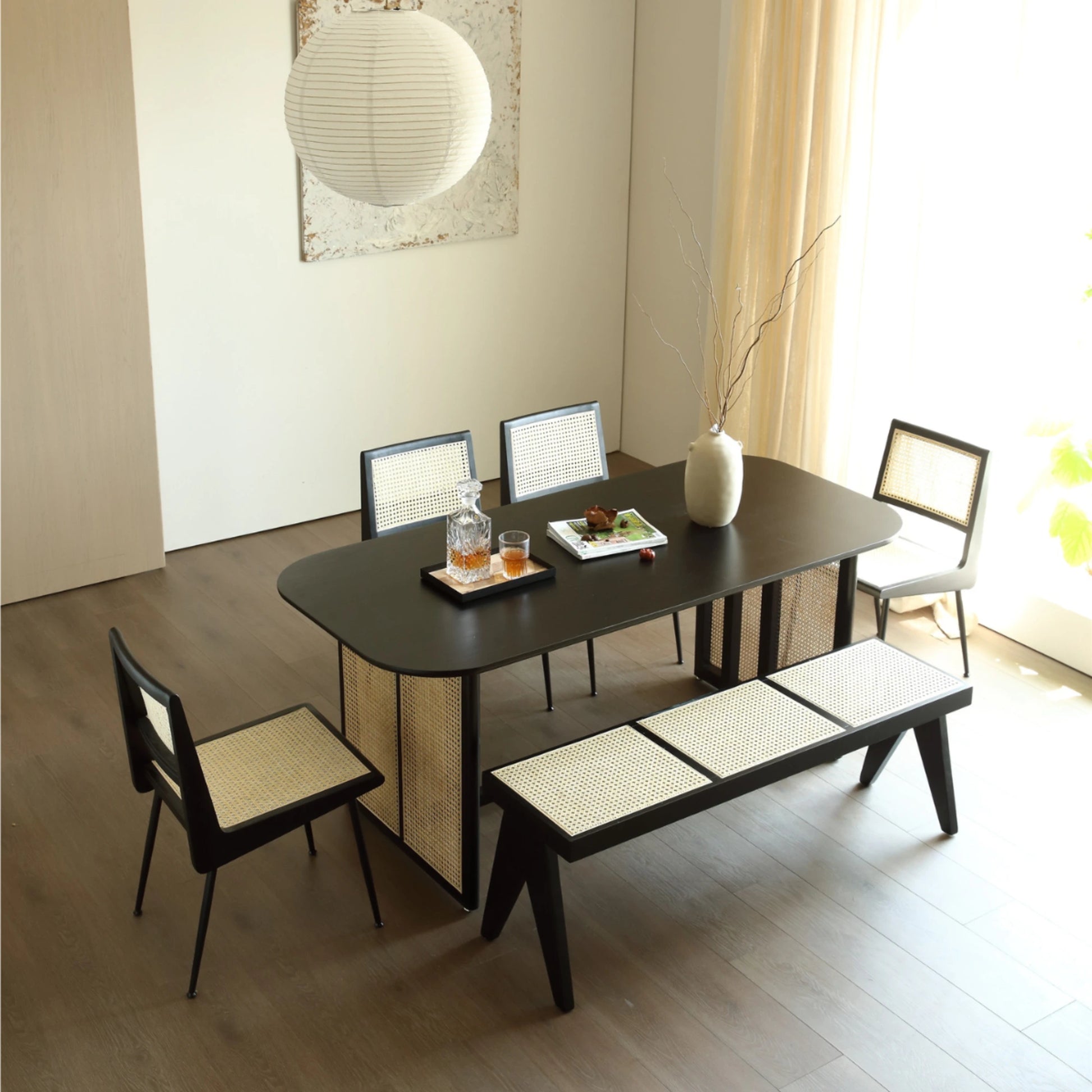 BohoBoho Monte Solid Wood & Rattan Bench, Black