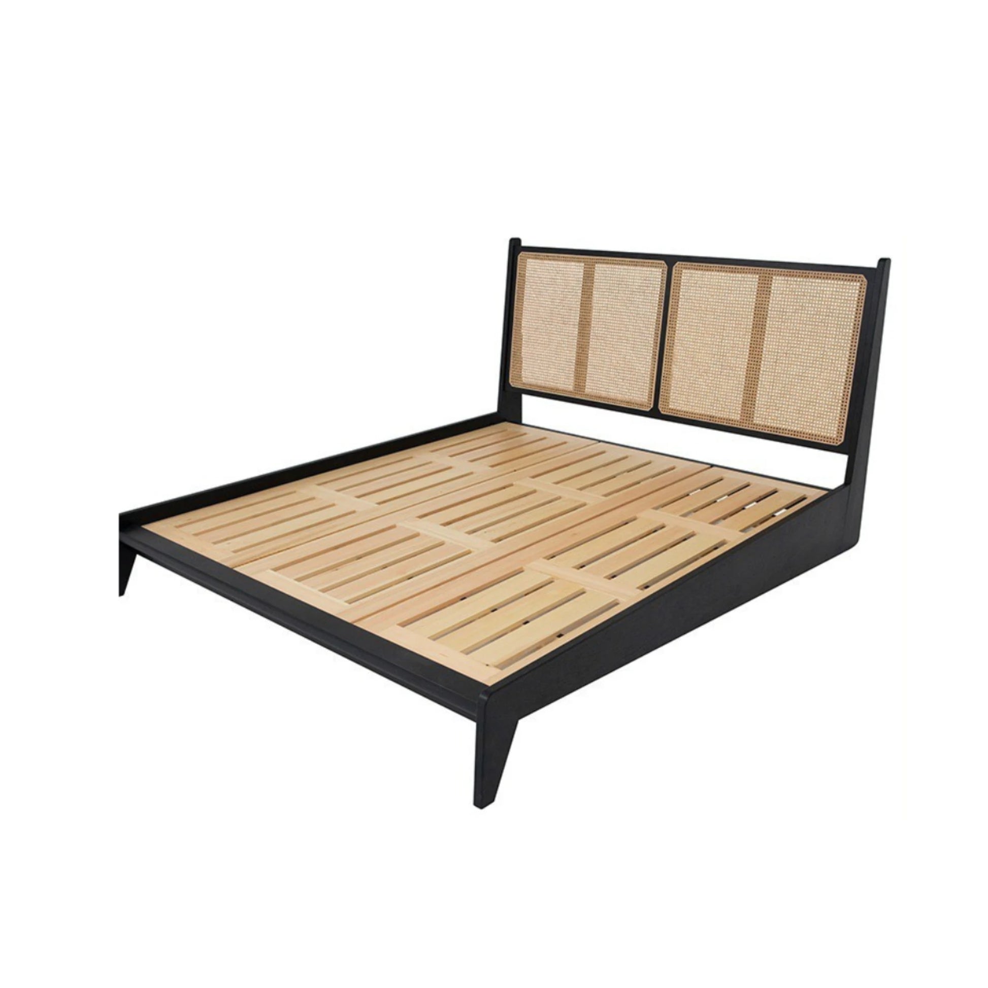 Bohoboho Noir Solid Wood & Rattan Bed Frame, Natural Wood, Black