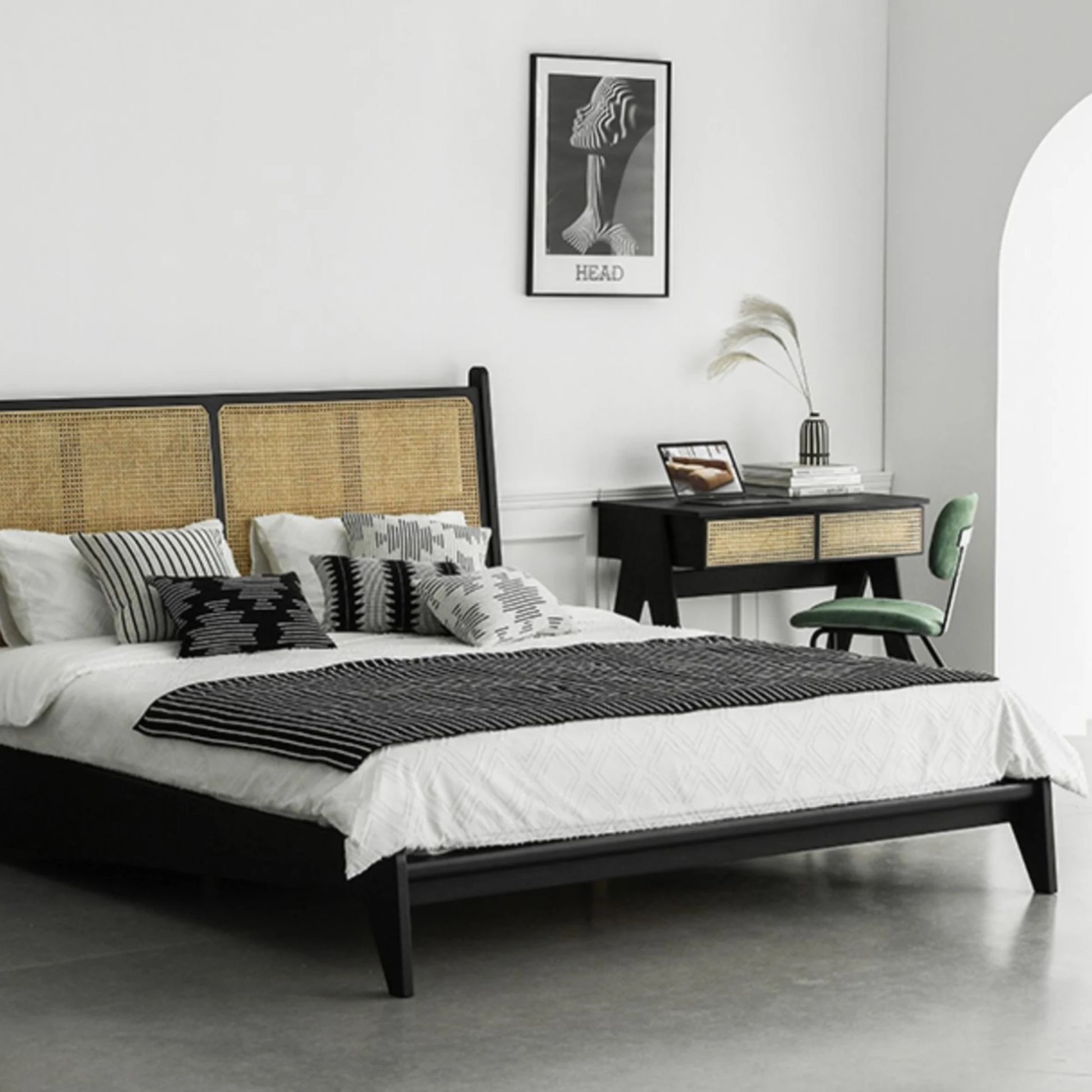 Bohoboho Noir Solid Wood & Rattan Bed Frame, Natural Wood, Black