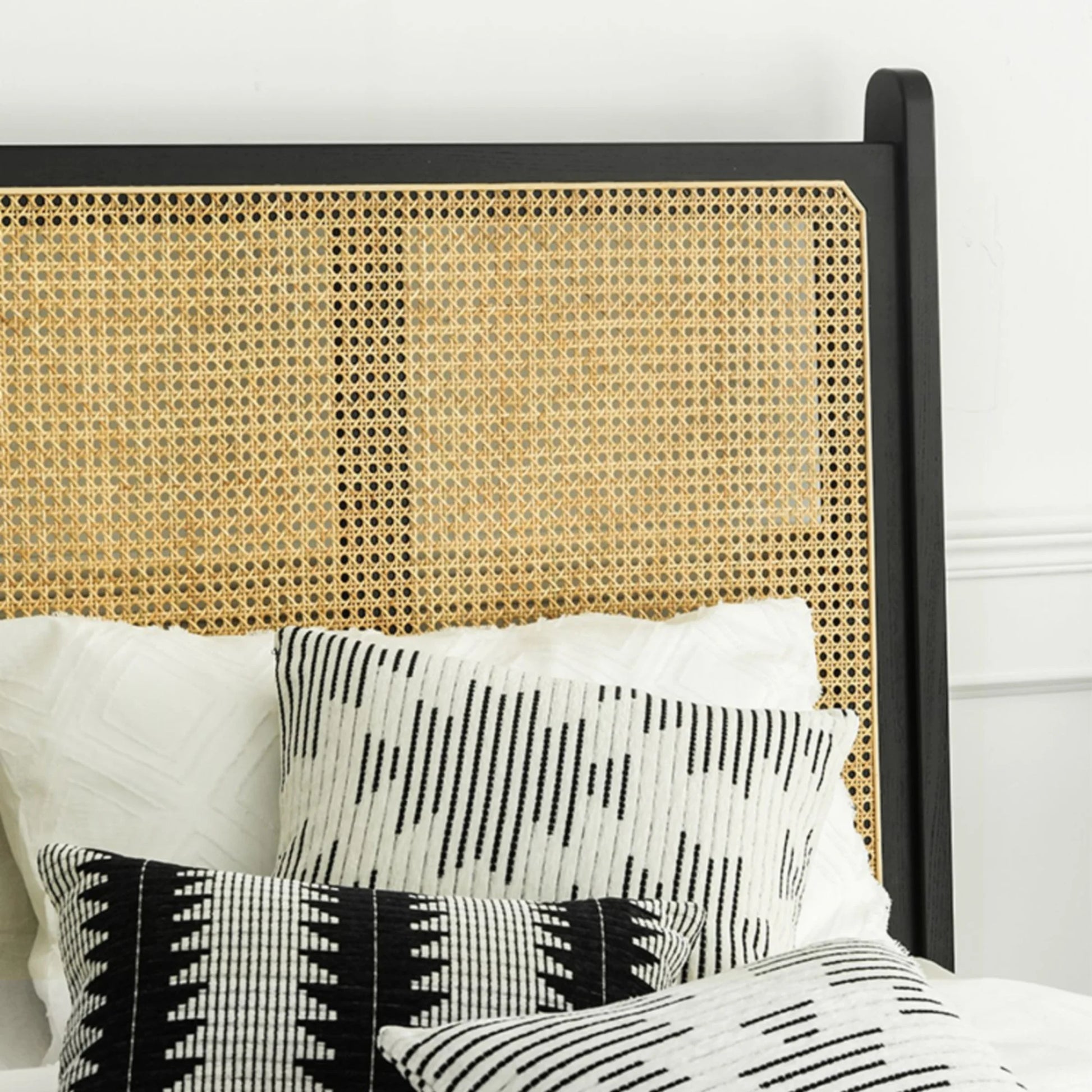 Bohoboho Noir Solid Wood & Rattan Bed Frame, Natural Wood, Black