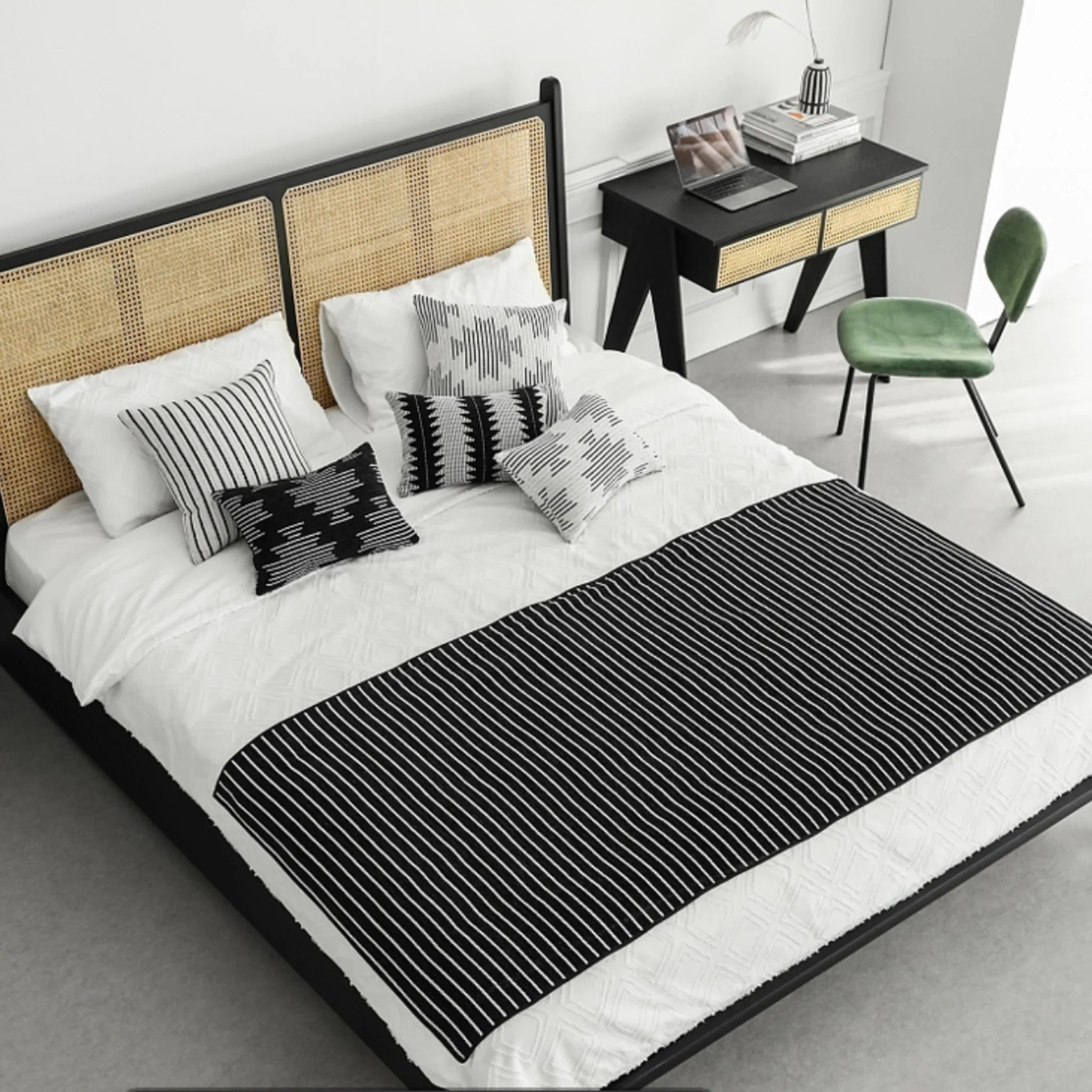 Bohoboho Noir Solid Wood & Rattan Bed Frame, Natural Wood, Black