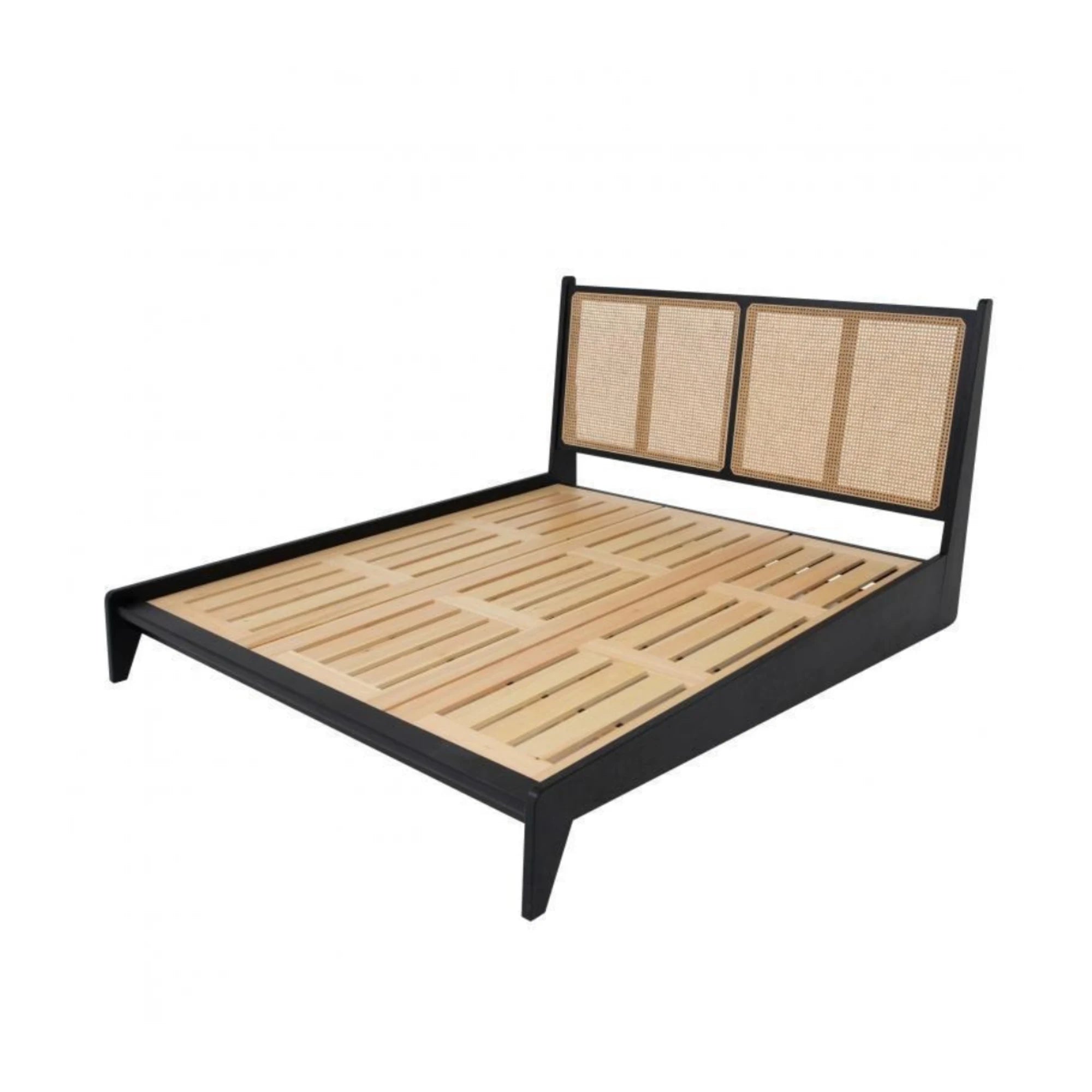 Bohoboho Noir Solid Wood & Rattan Bed Frame, Natural Wood, Black