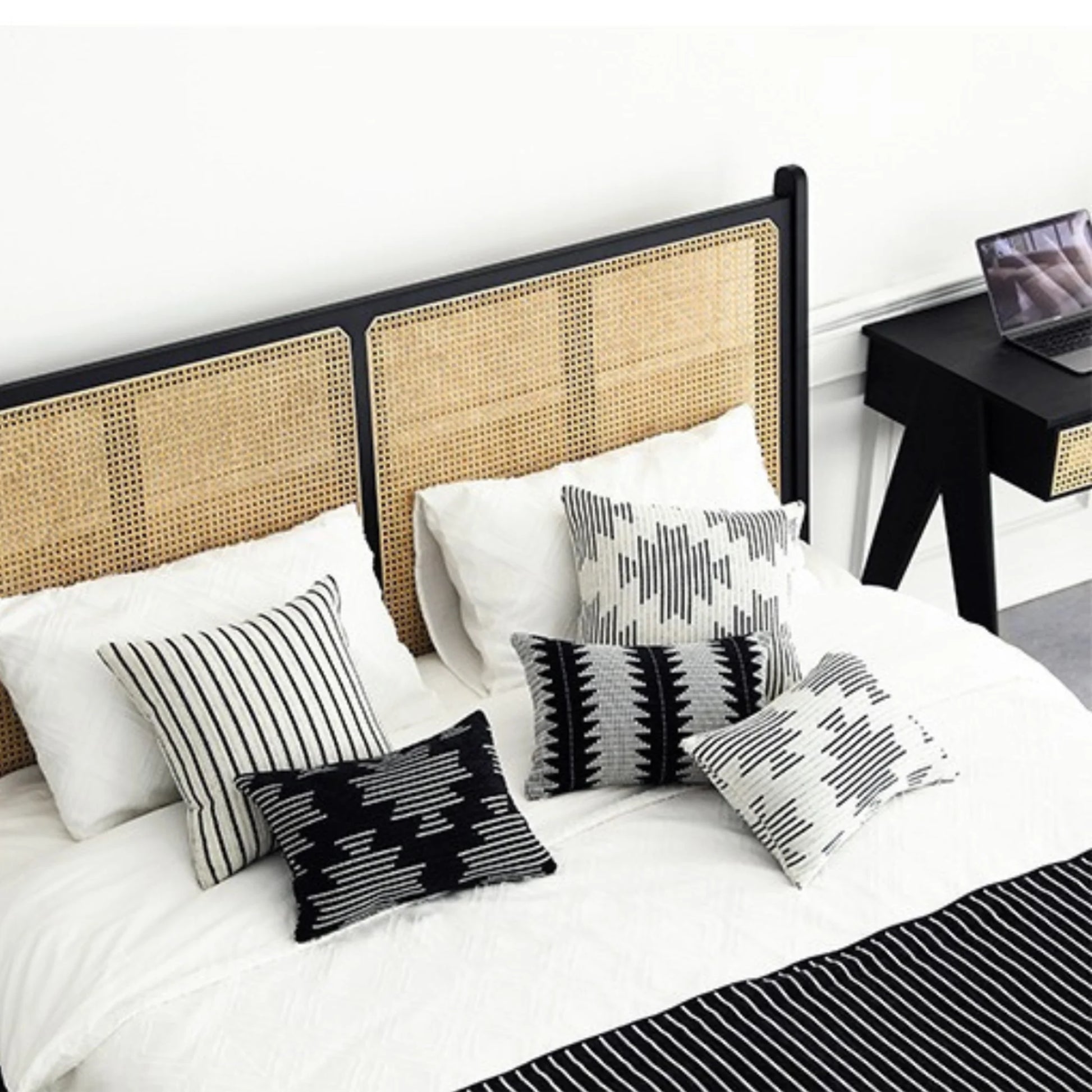 Bohoboho Noir Solid Wood & Rattan Bed Frame, Natural Wood, Black