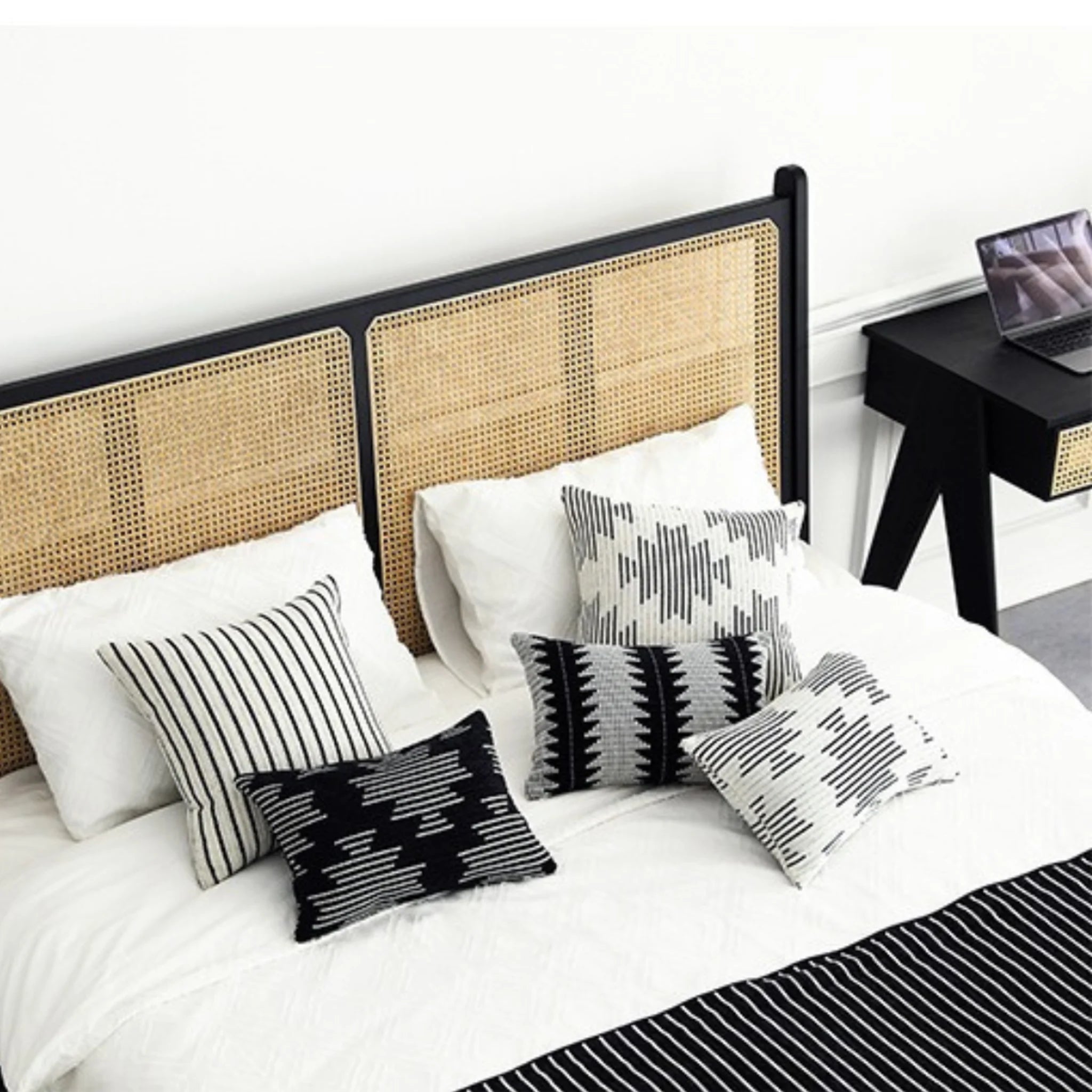 Bohoboho Noir Solid Wood & Rattan Bed Frame, Natural Wood, Black