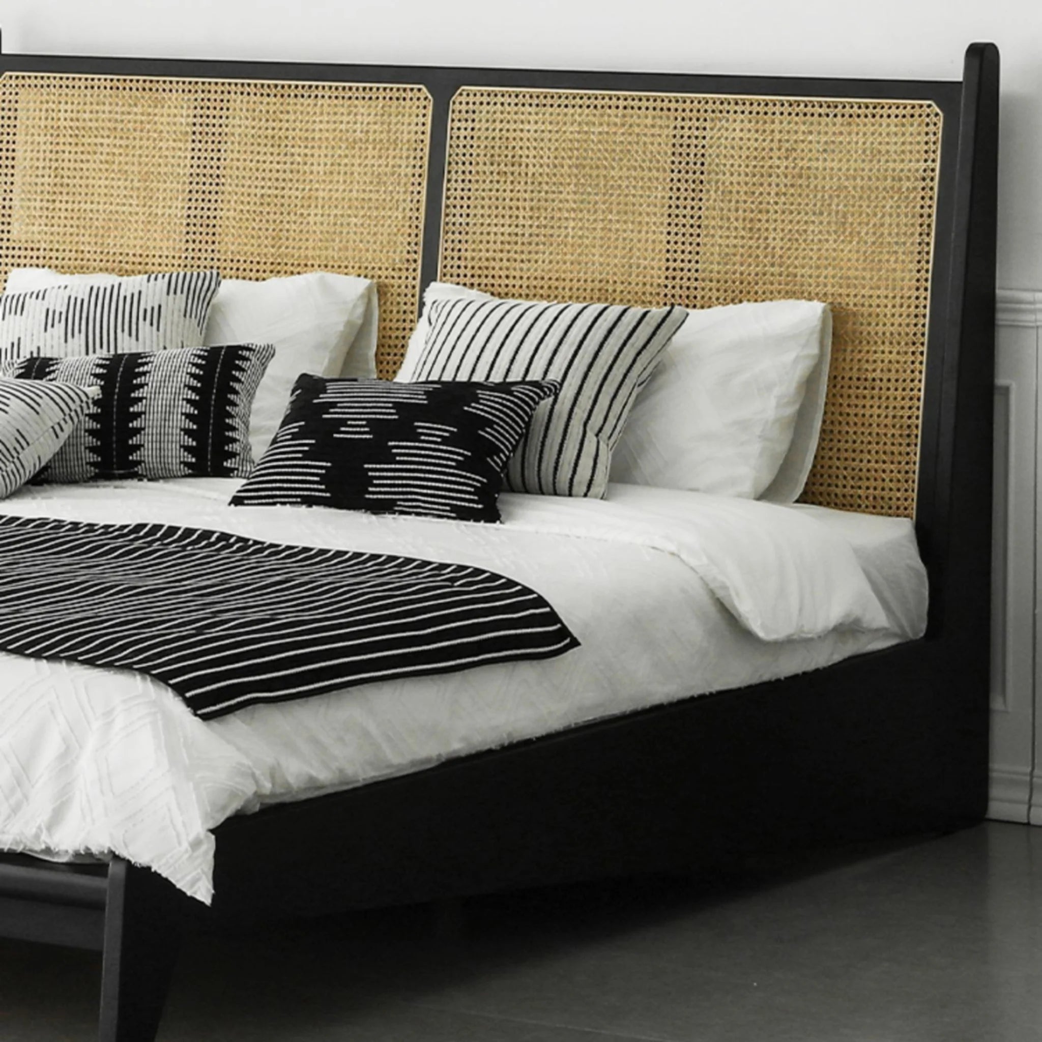 Bohoboho Noir Solid Wood & Rattan Bed Frame, Natural Wood, Black