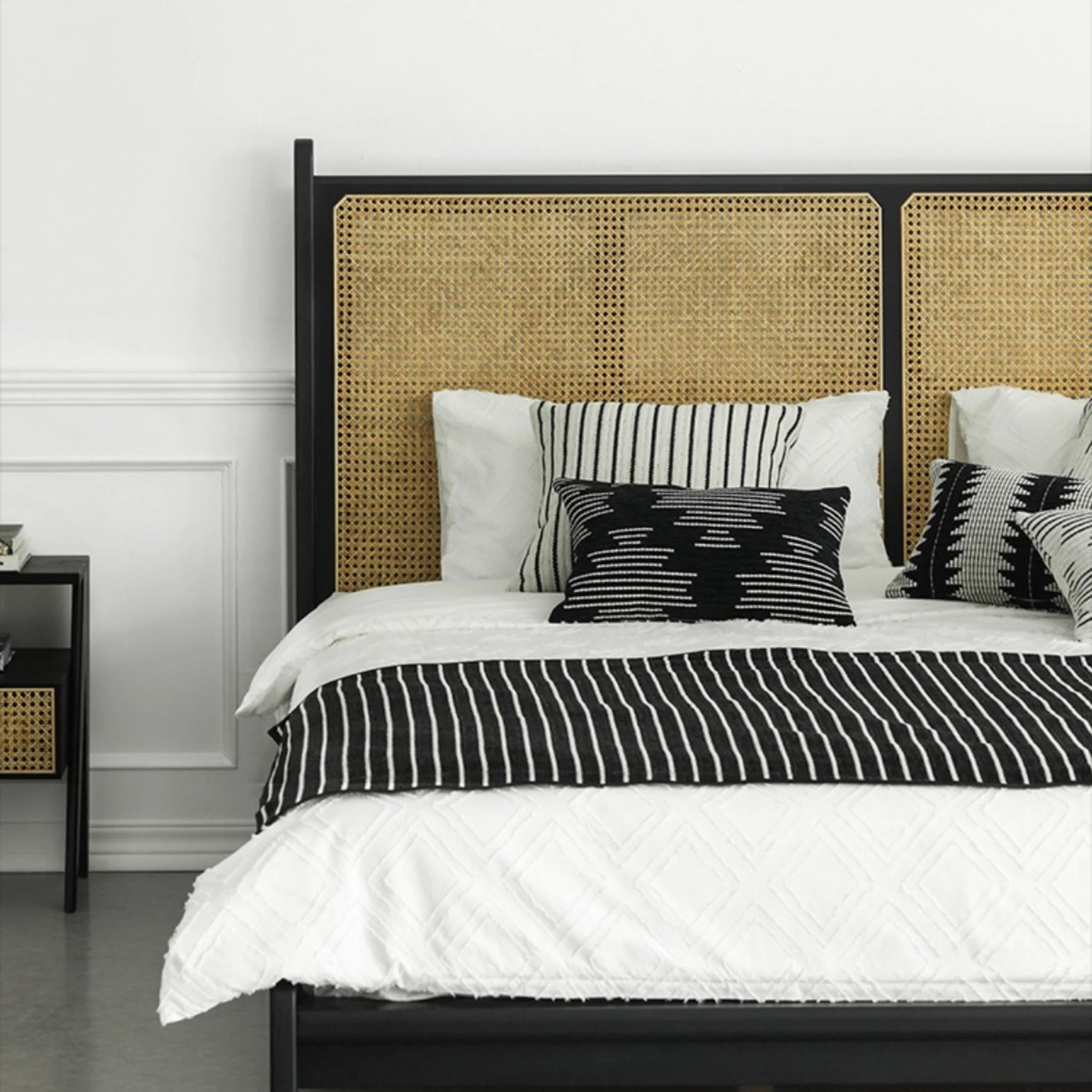 Bohoboho Noir Solid Wood & Rattan Bed Frame, Natural Wood, Black