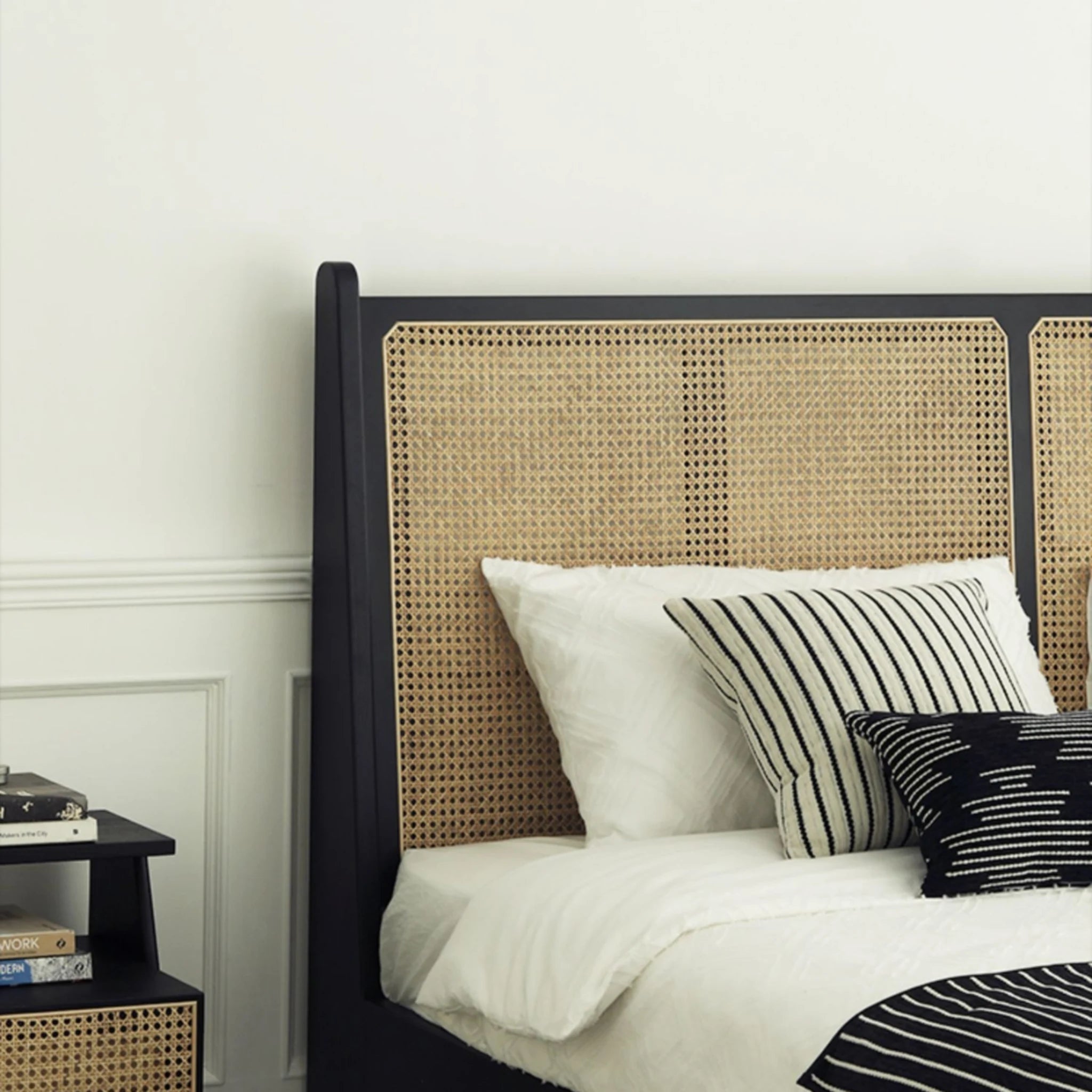 Bohoboho Noir Solid Wood & Rattan Bed Frame, Natural Wood, Black