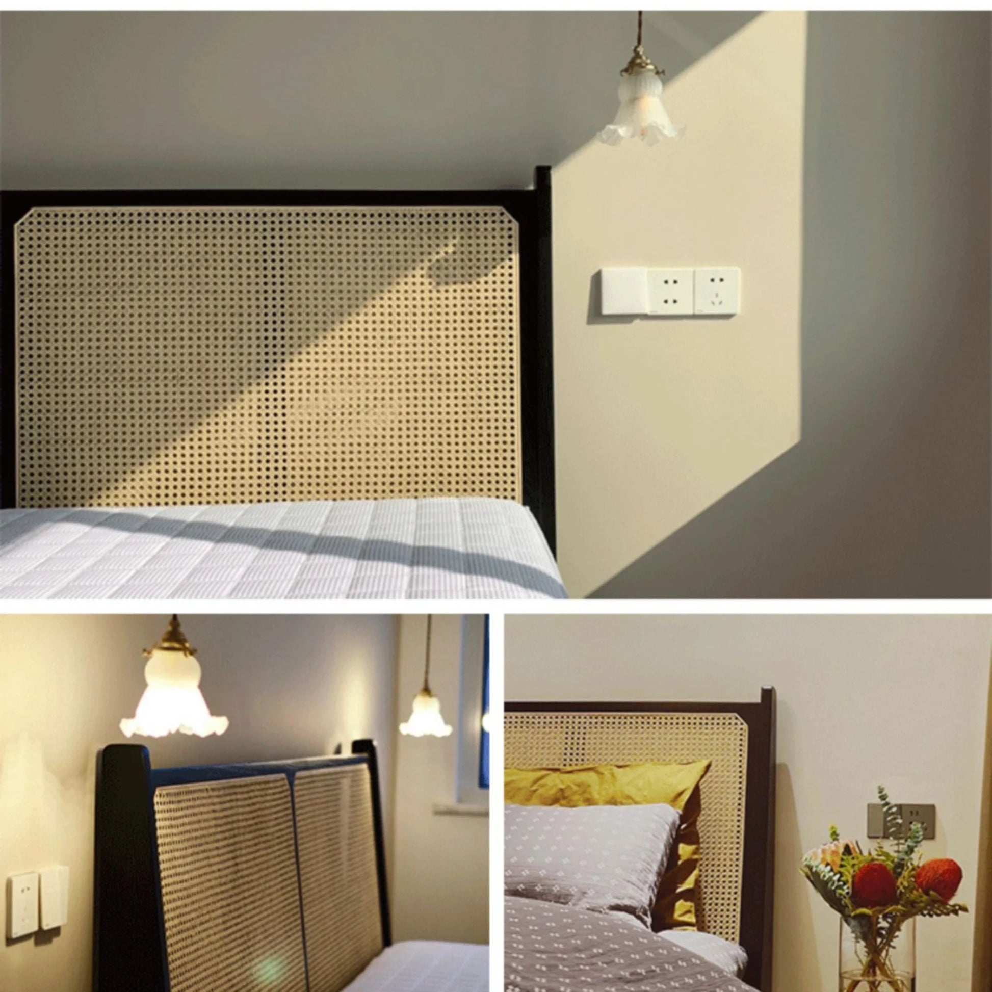 Bohoboho Noir Solid Wood & Rattan Bed Frame, Natural Wood, Black