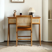BohoBoho Noir Solid Wood & Rattan Desk with Chair, Dark Wood