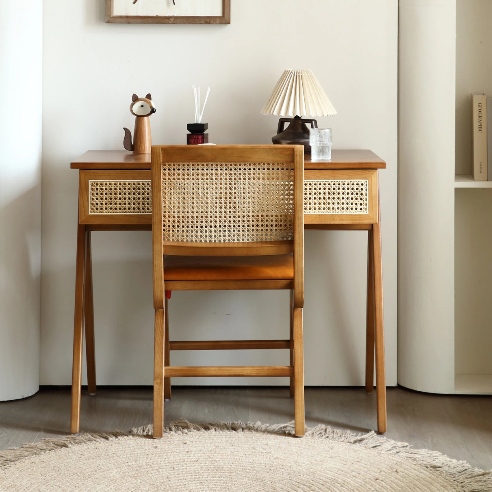 BohoBoho Noir Solid Wood & Rattan Desk with Chair, Dark Wood