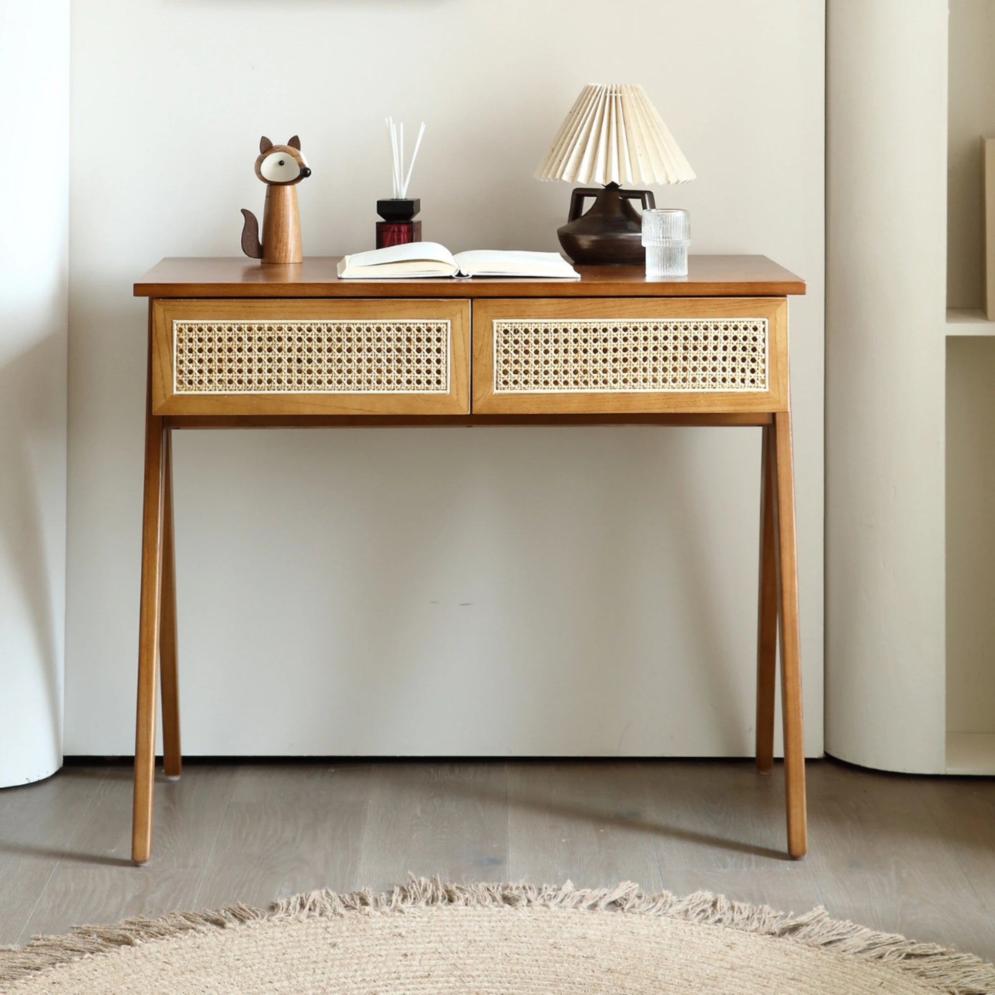 BohoBoho Noir Solid Wood & Rattan Desk with Chair, Dark Wood