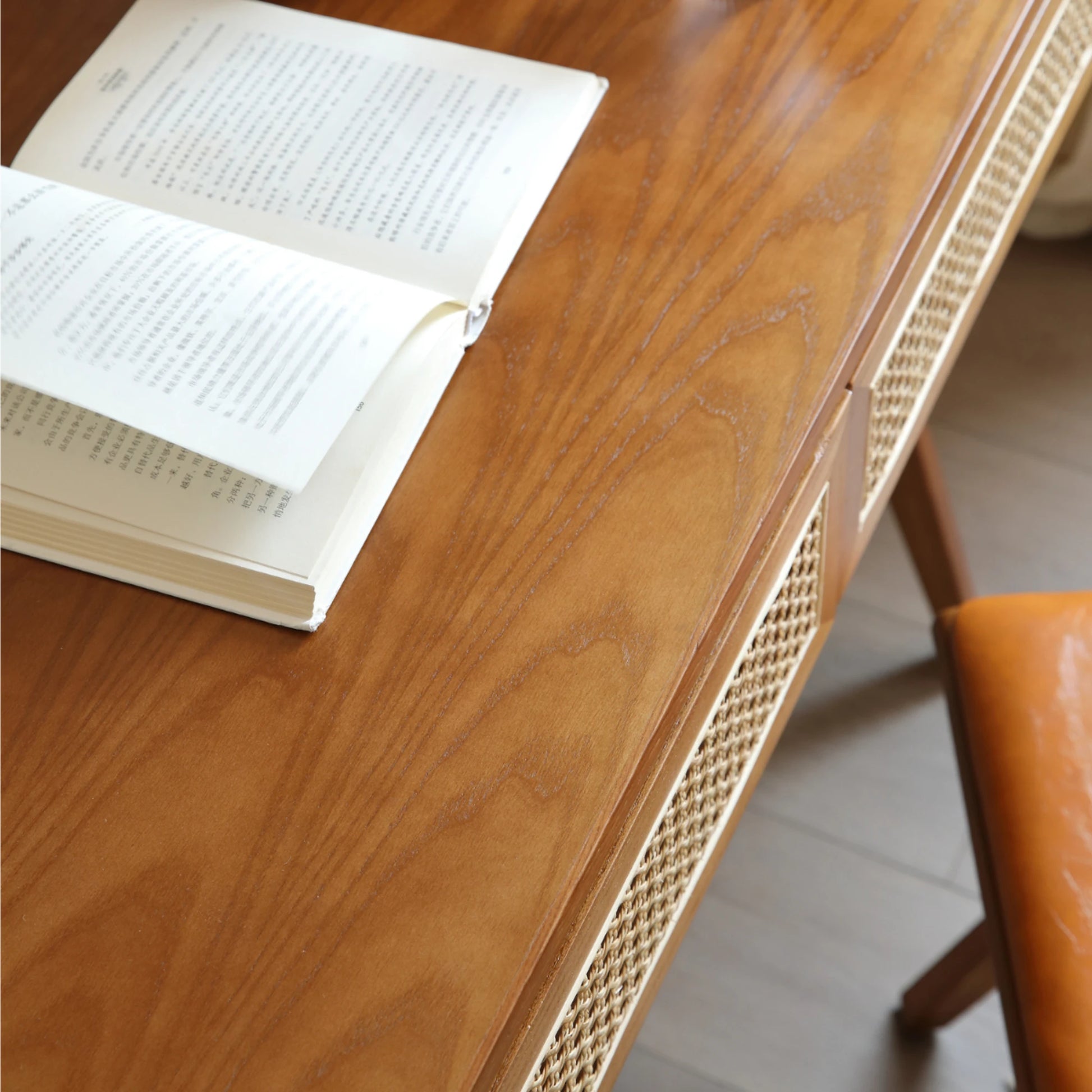 BohoBoho Noir Solid Wood & Rattan Desk with Chair, Dark Wood