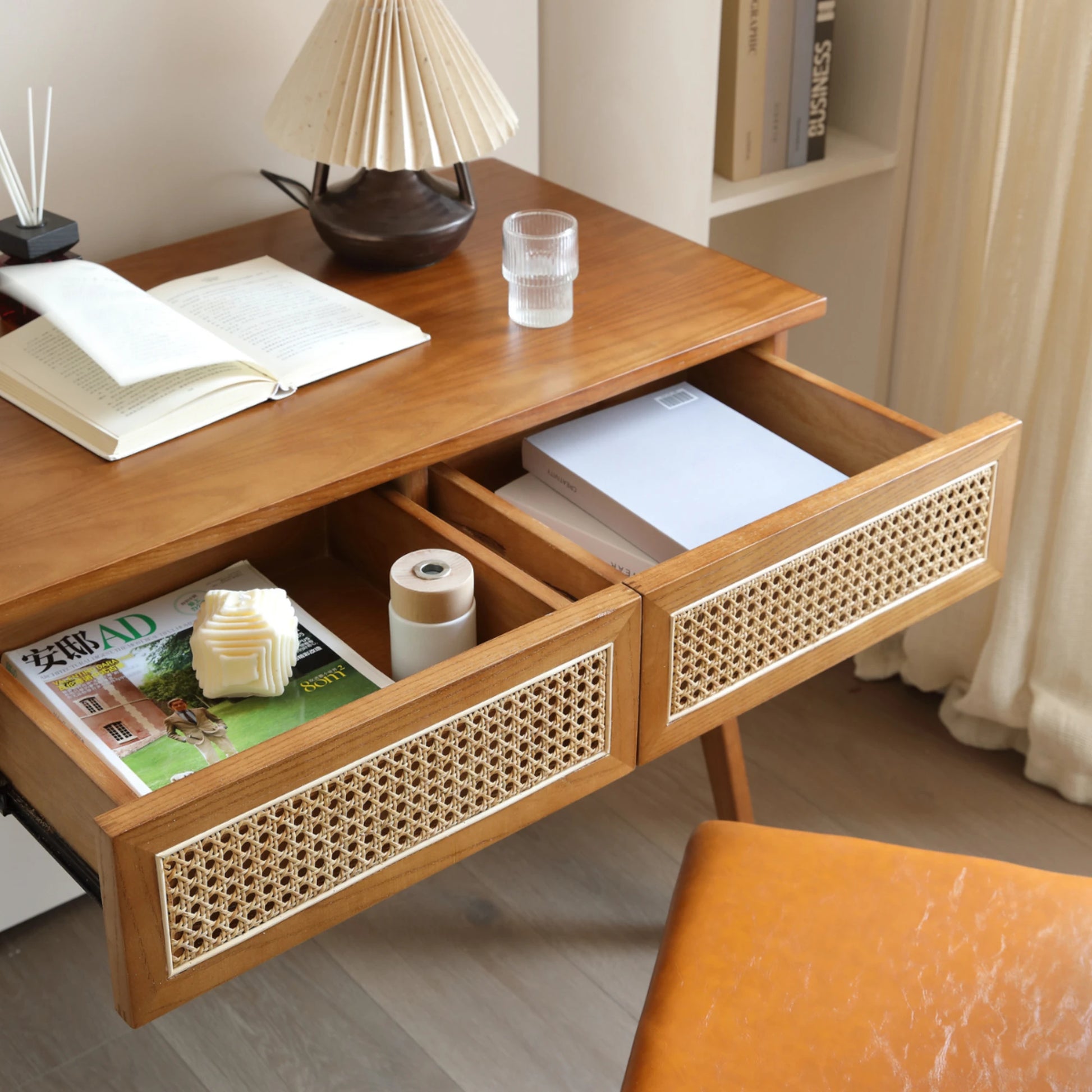 BohoBoho Noir Solid Wood & Rattan Desk with Chair, Dark Wood