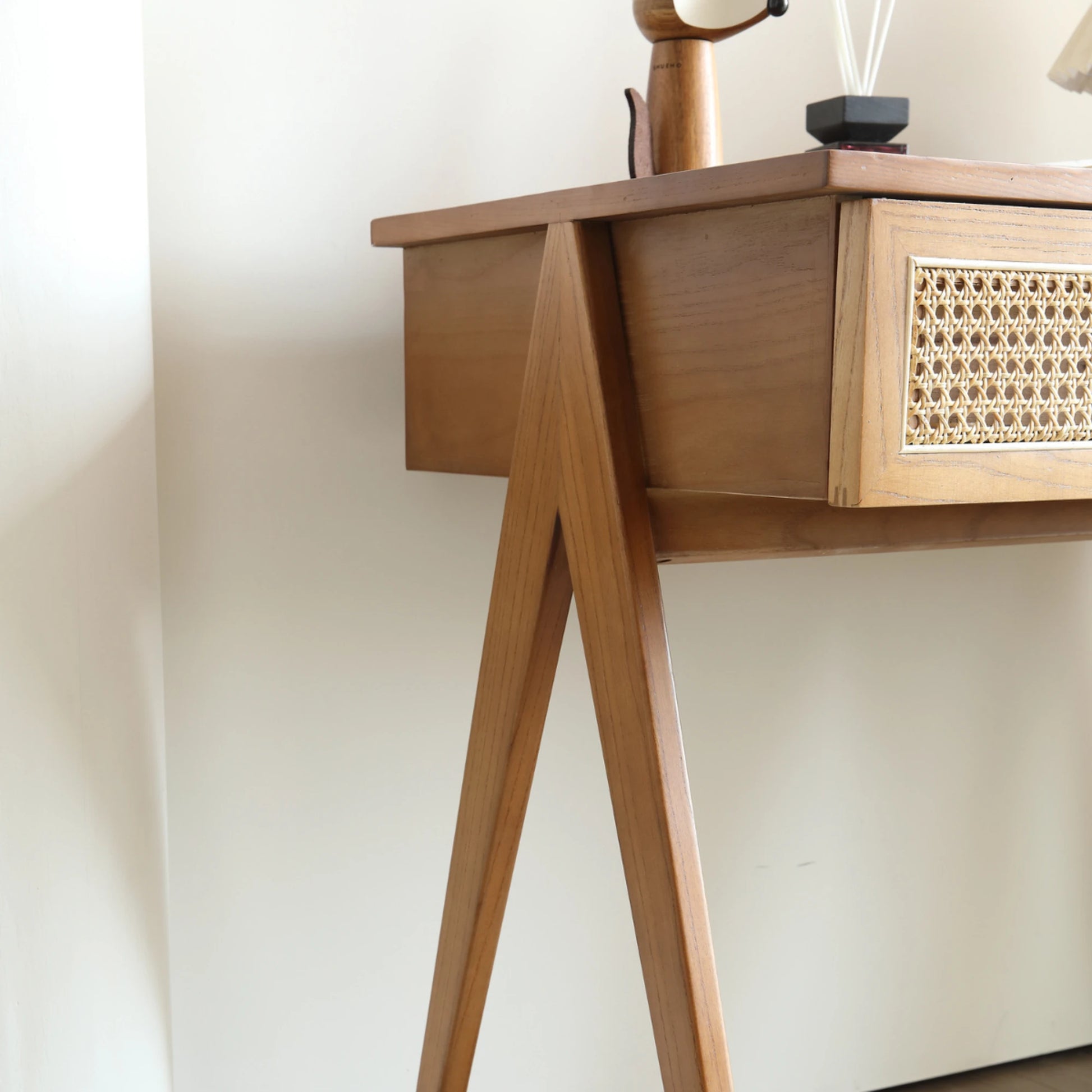 BohoBoho Noir Solid Wood & Rattan Desk with Chair, Dark Wood
