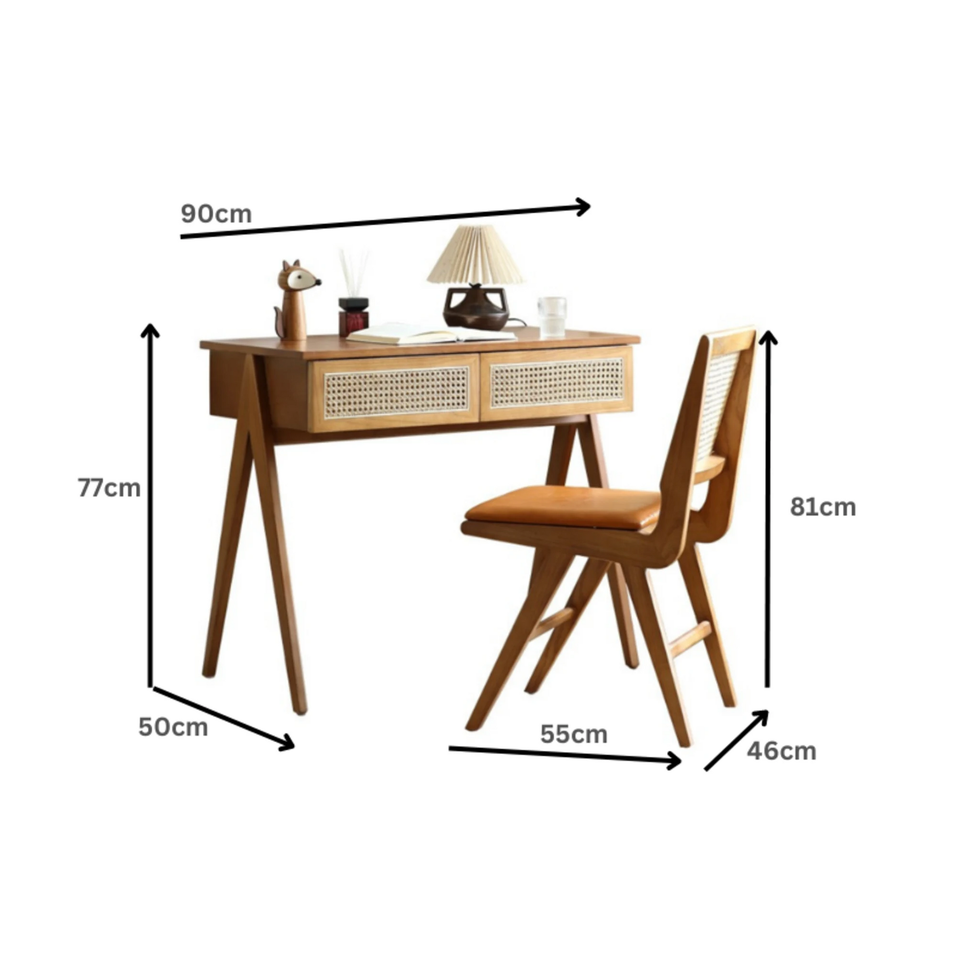 BohoBoho Noir Solid Wood & Rattan Desk with Chair, Dark Wood
