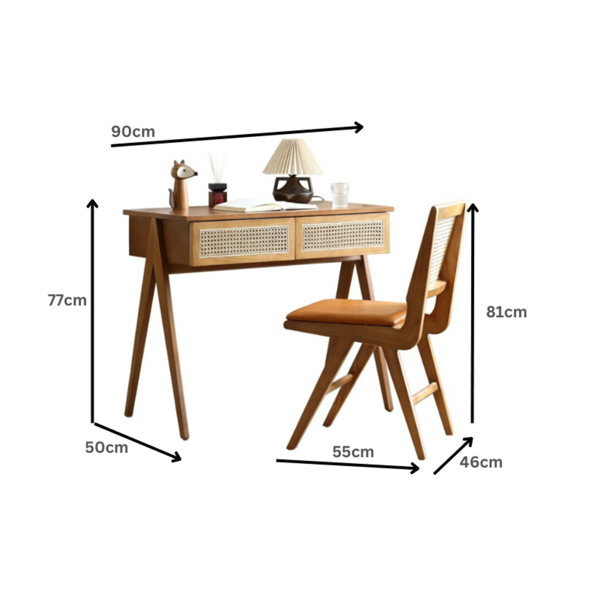 BohoBoho Noir Solid Wood & Rattan Desk with Chair, Dark Wood