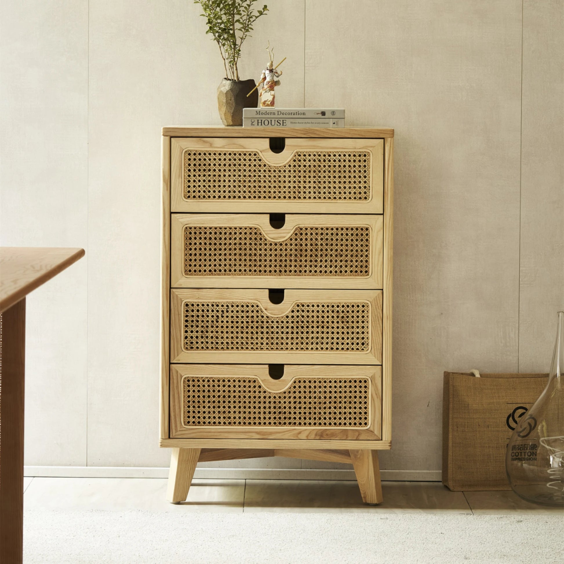 BohoBoho Ora Solid Wood & Rattan Chest of 4 drawers, Natural Wood, 60x40x115cm
