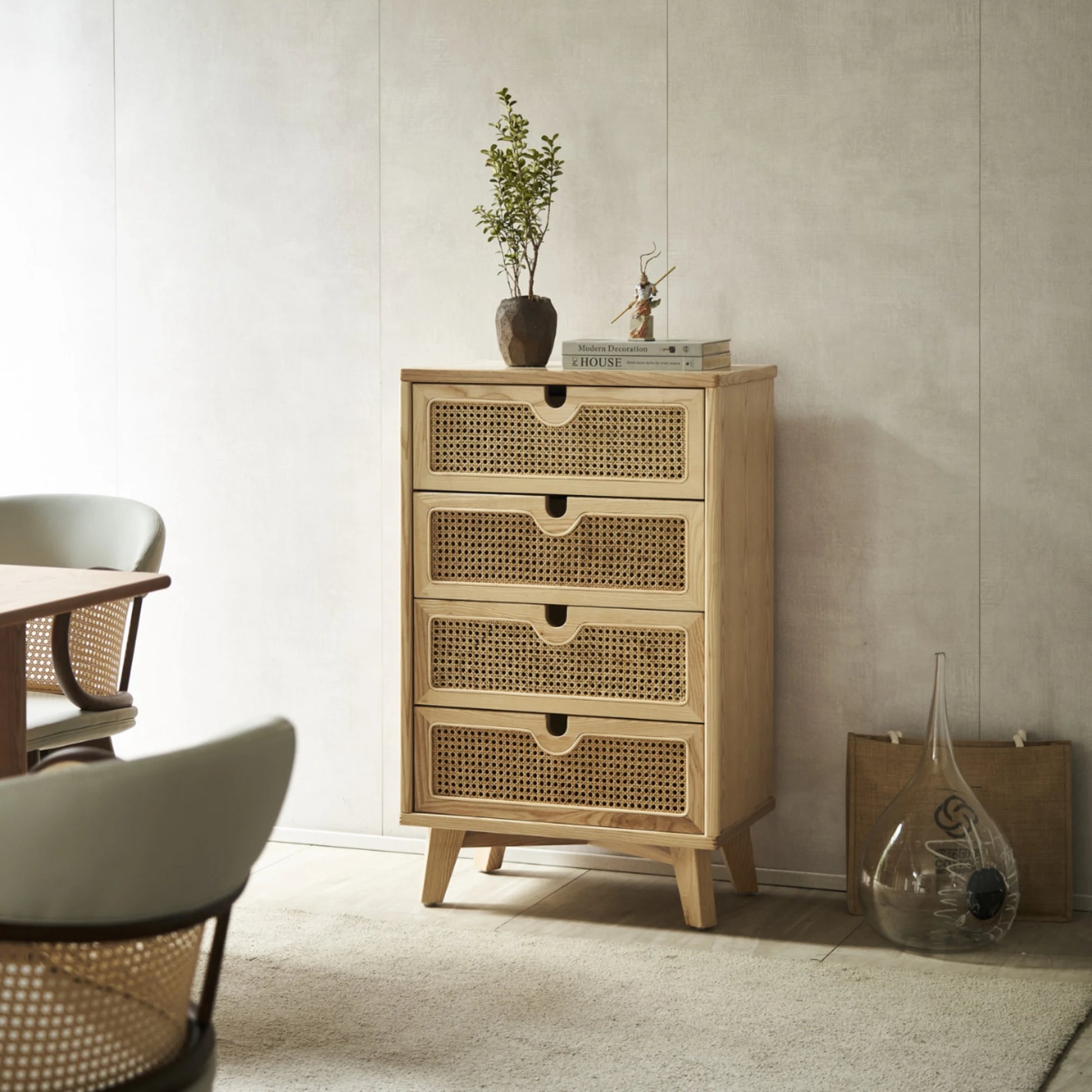 BohoBoho Ora Solid Wood & Rattan Chest of 4 drawers, Natural Wood, 60x40x115cm