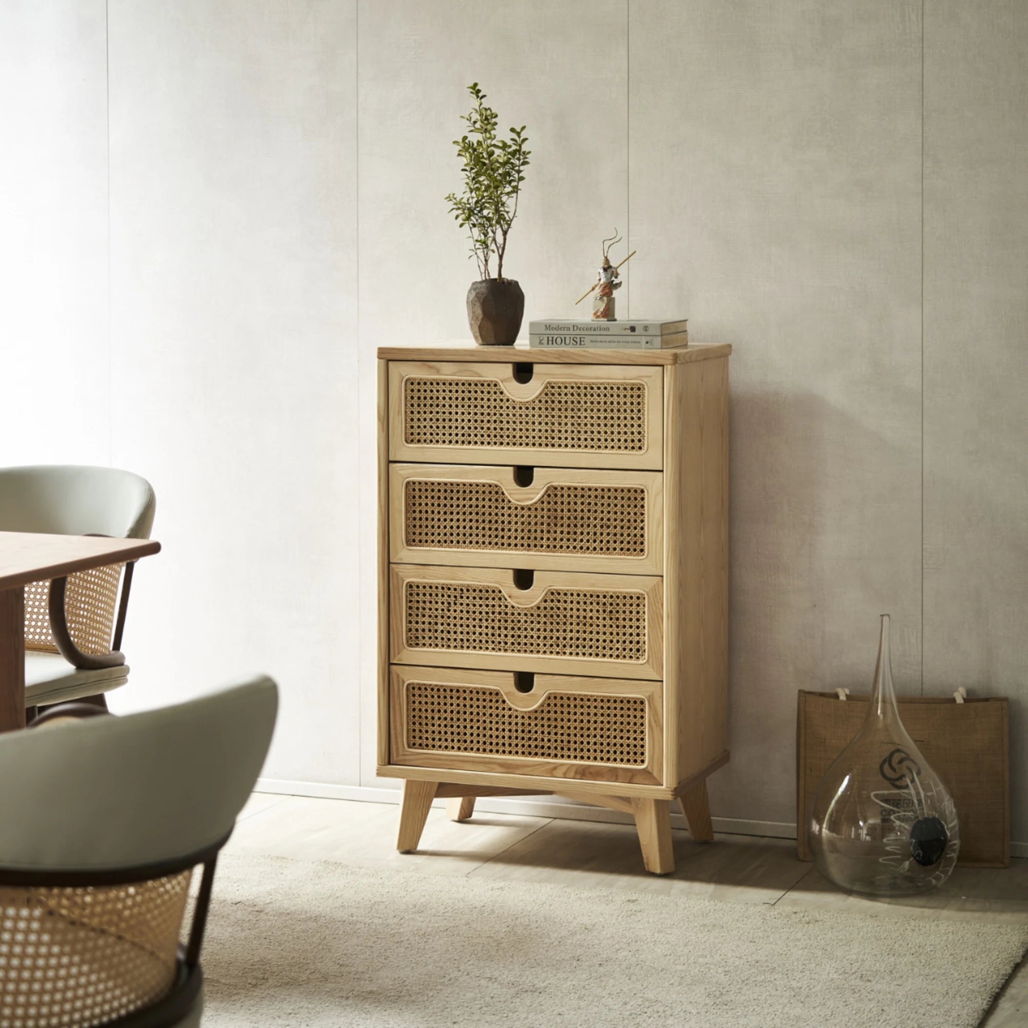BohoBoho Ora Solid Wood & Rattan Chest of 4 drawers, Natural Wood, 60x40x115cm