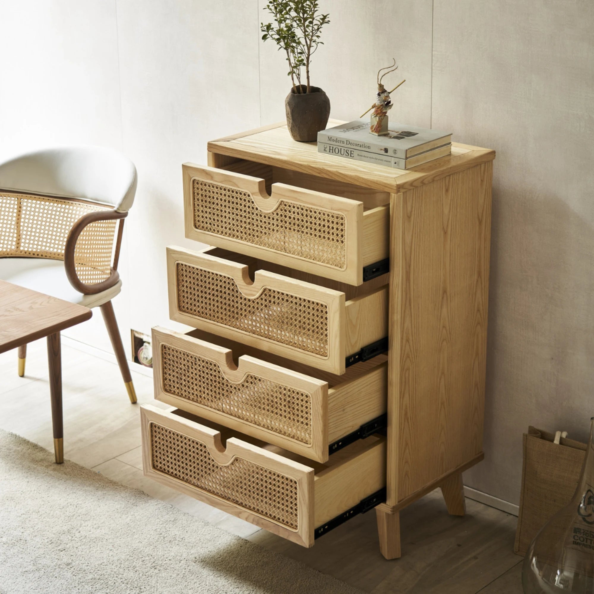 BohoBoho Ora Solid Wood & Rattan Chest of 4 drawers, Natural Wood, 60x40x115cm