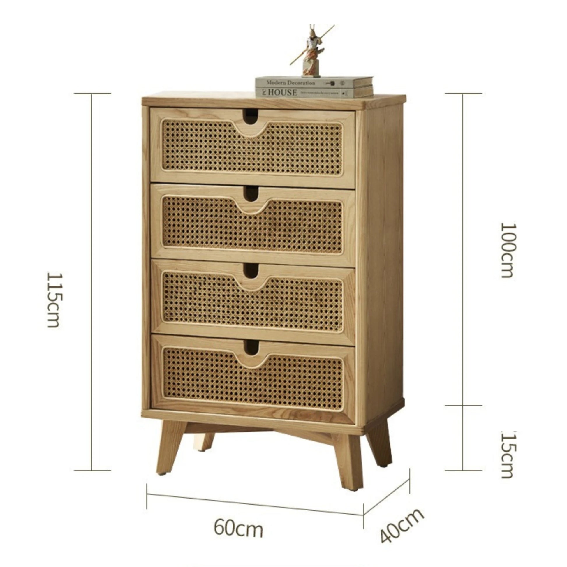 BohoBoho Ora Solid Wood & Rattan Chest of 4 drawers, Natural Wood, 60x40x115cm