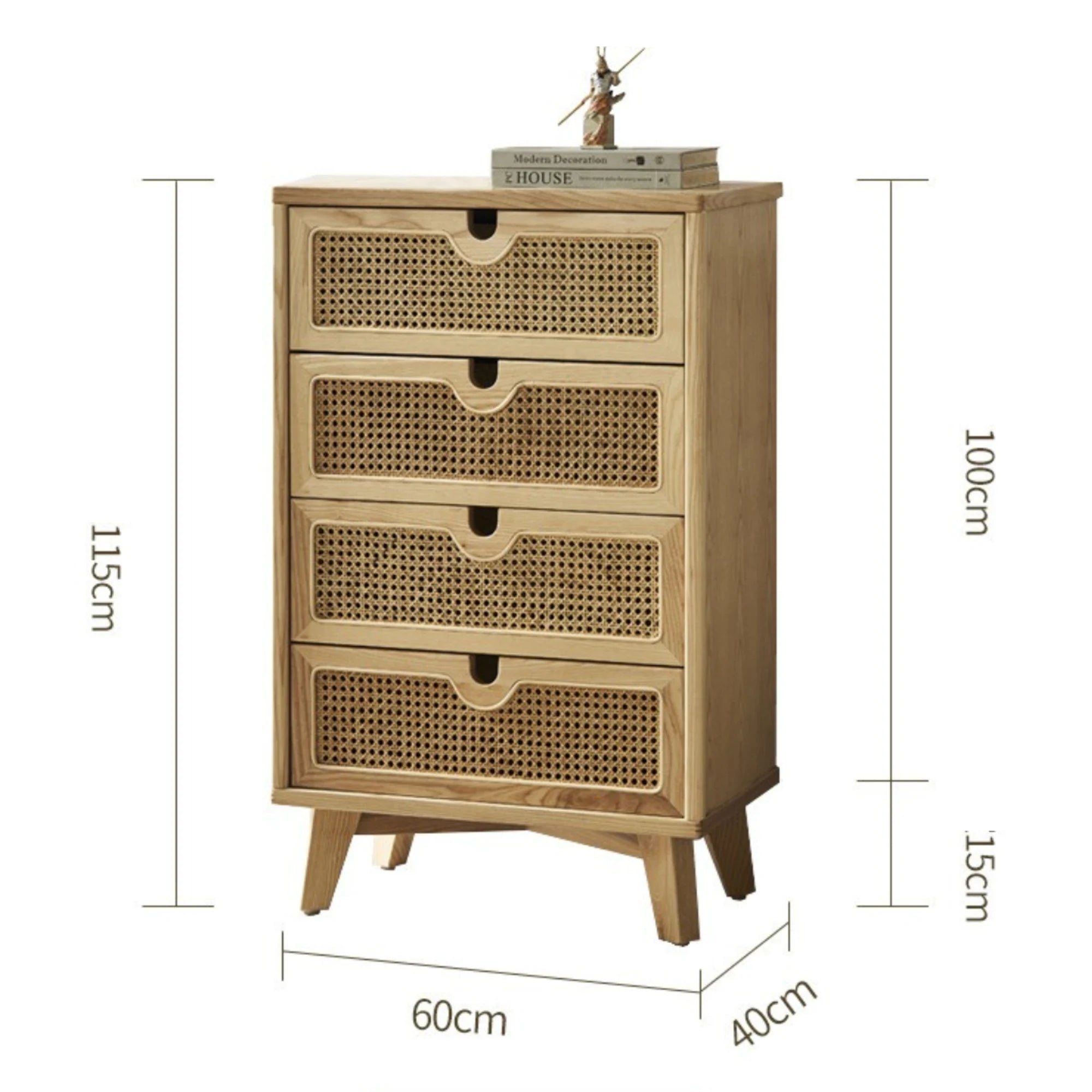 BohoBoho Ora Solid Wood & Rattan Chest of 4 drawers, Natural Wood, 60x40x115cm